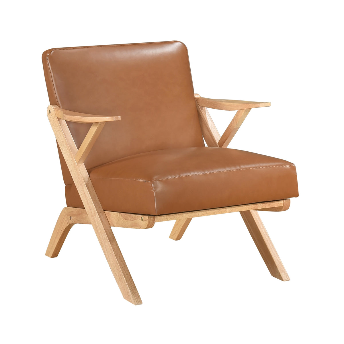 Natural Finish Solid Rubberwood Frame 1pc Accent Chair Brown Faux Leather Upholstery Living Room Furniture