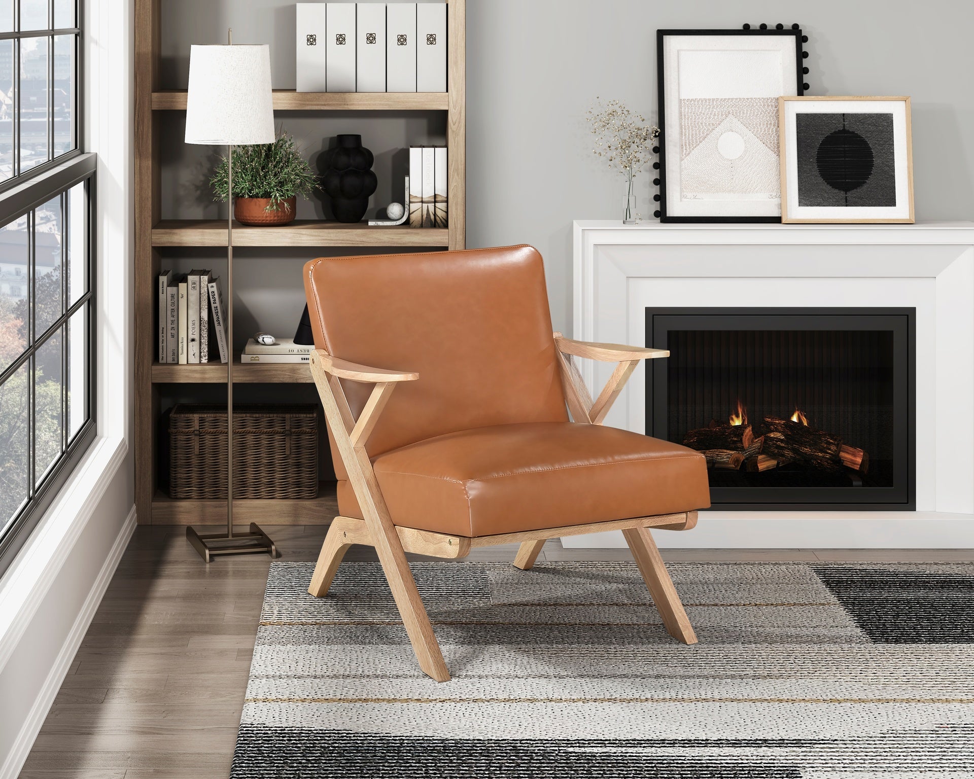 Natural Finish Solid Rubberwood Frame 1pc Accent Chair Brown Faux Leather Upholstery Living Room Furniture