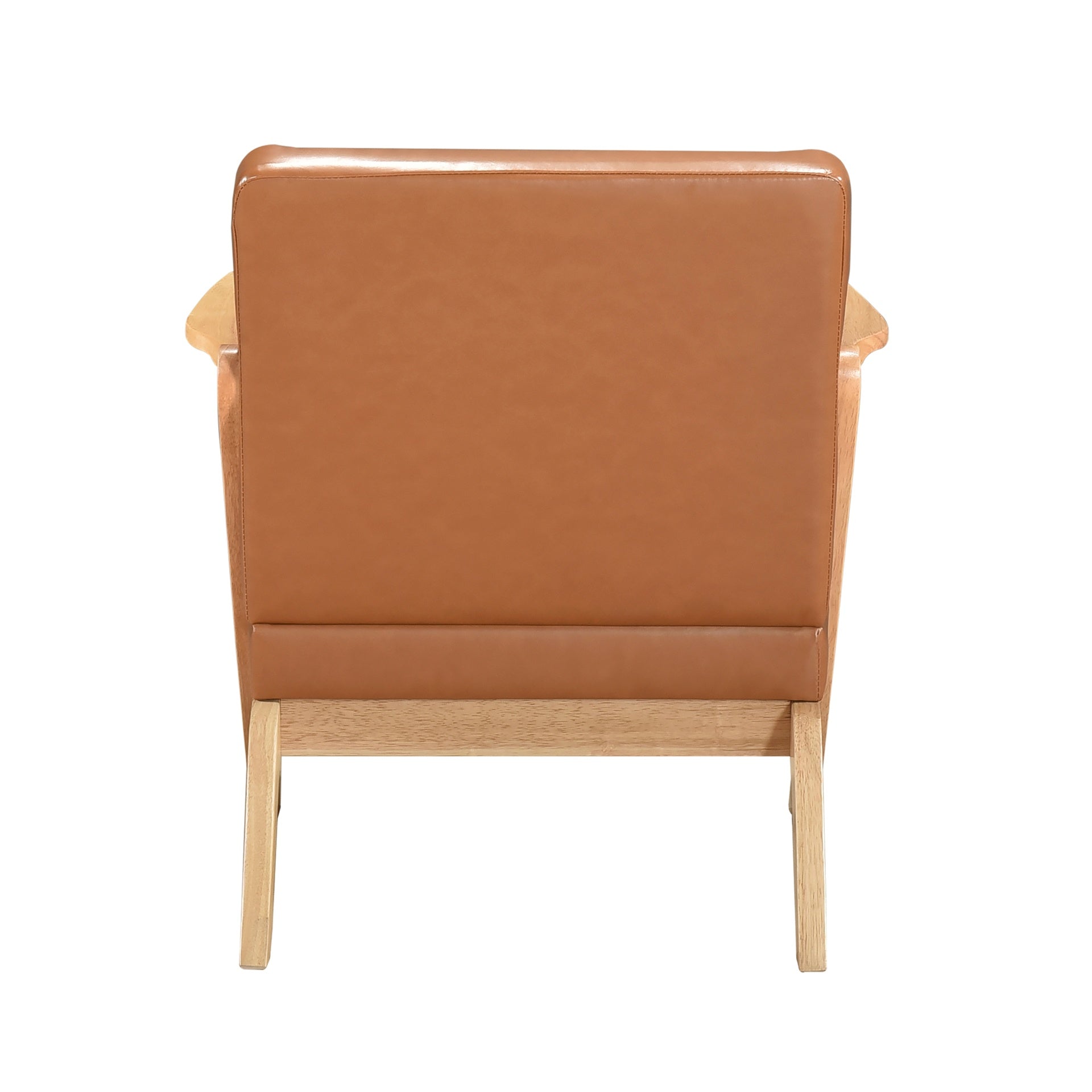 Natural Finish Solid Rubberwood Frame 1pc Accent Chair Brown Faux Leather Upholstery Living Room Furniture