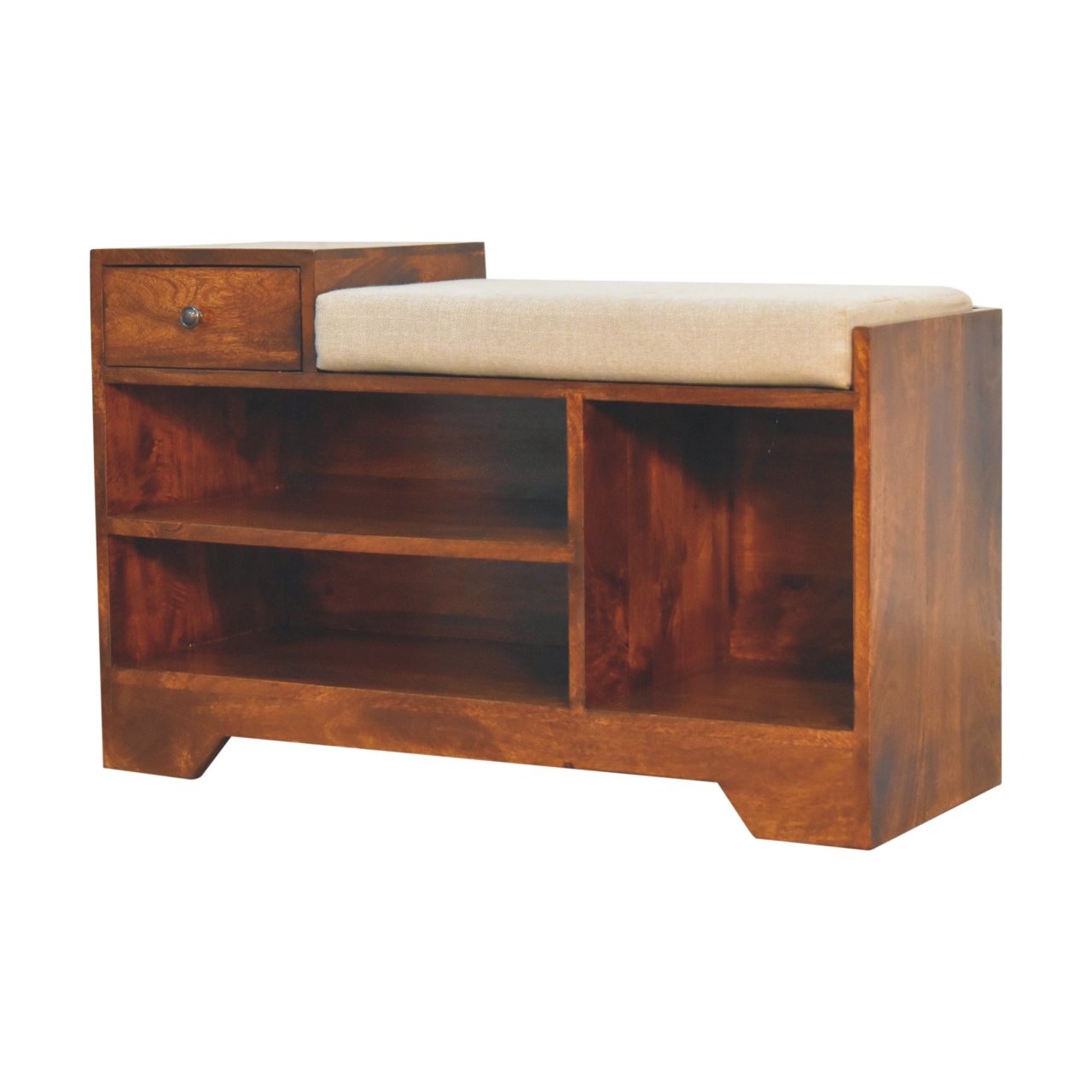 Solid Wood Retreat Chestnut Shoe Bench, Upholstered, 1-Drawer, 3-Shelves, Beige and Brown