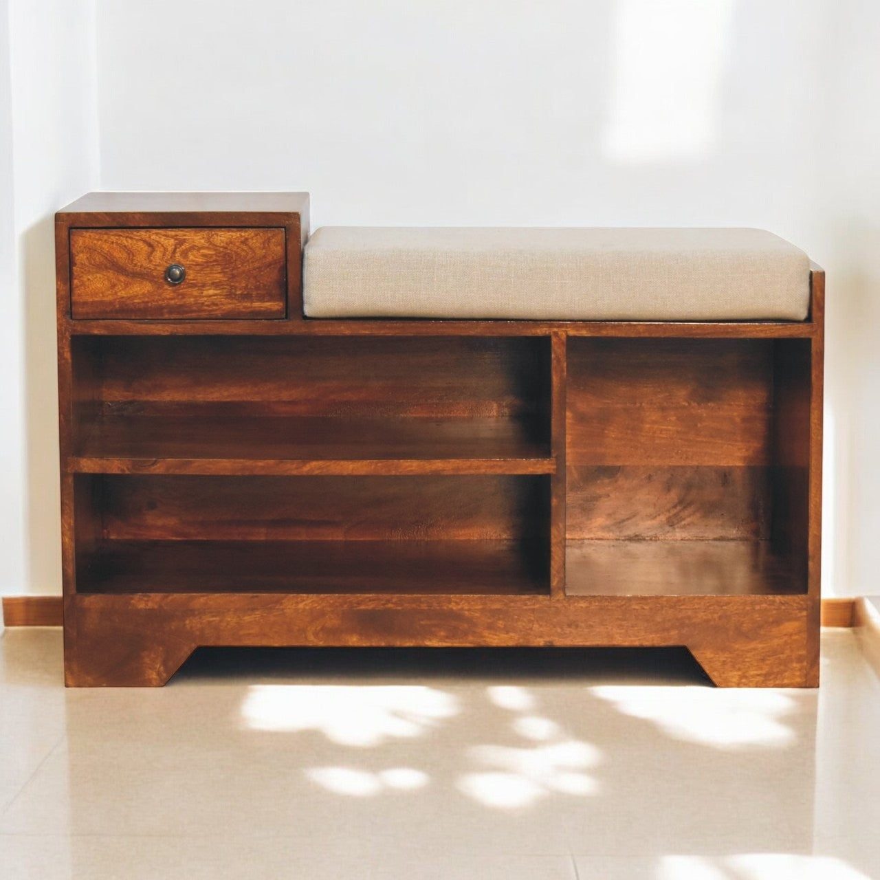 Solid Wood Retreat Chestnut Shoe Bench, Upholstered, 1-Drawer, 3-Shelves, Beige and Brown