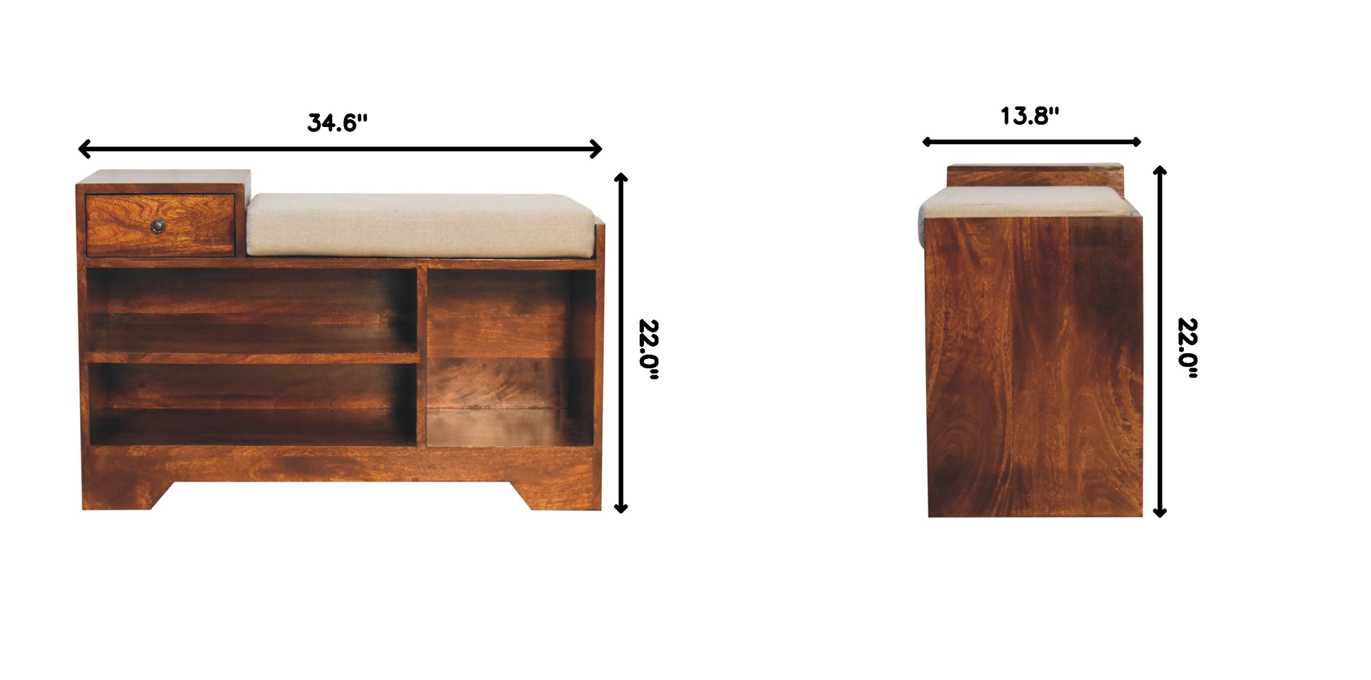 Solid Wood Retreat Chestnut Shoe Bench, Upholstered, 1-Drawer, 3-Shelves, Beige and Brown