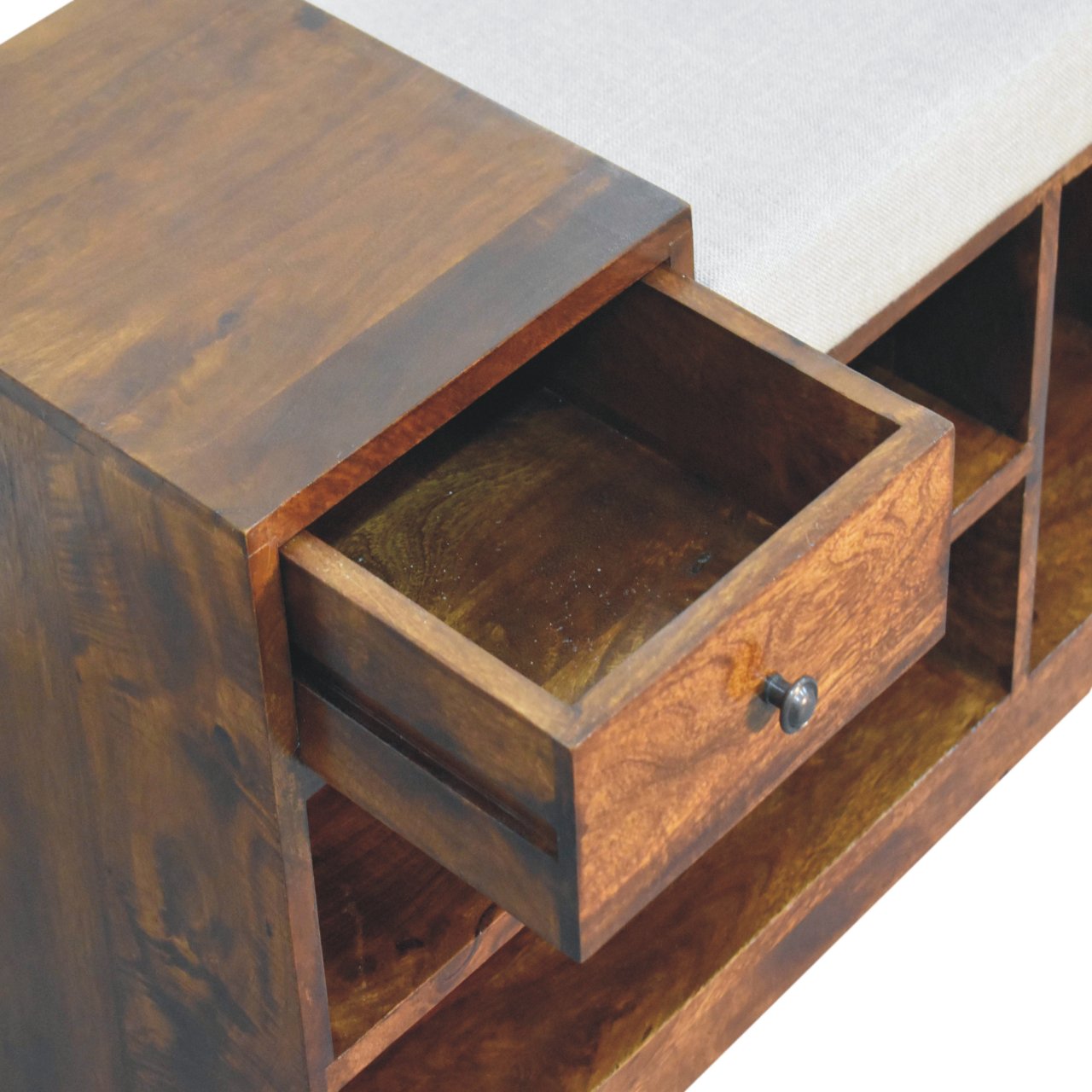 Solid Wood Retreat Chestnut Shoe Bench, Upholstered, 1-Drawer, 3-Shelves, Beige and Brown