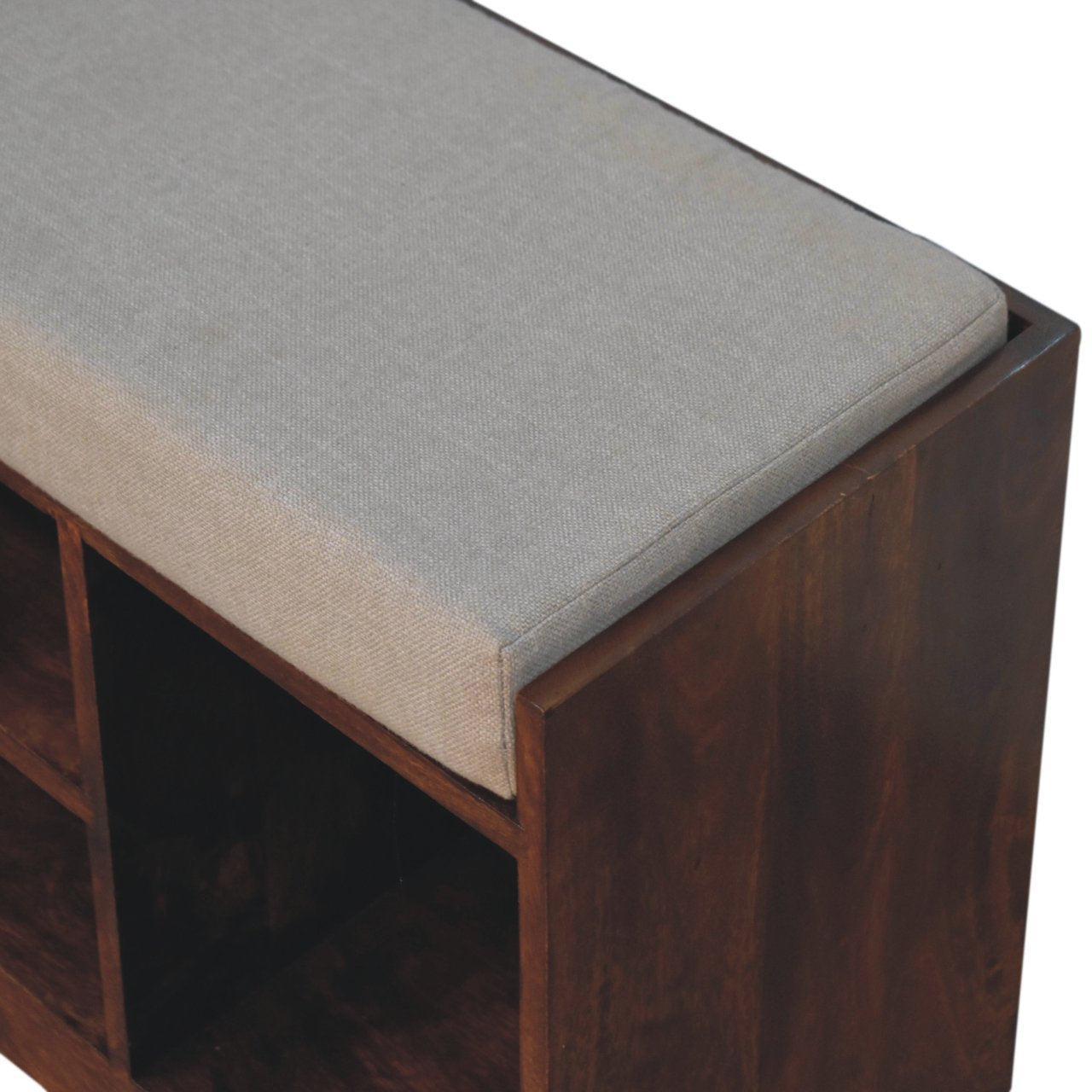 Solid Wood Retreat Chestnut Shoe Bench, Upholstered, 1-Drawer, 3-Shelves, Beige and Brown