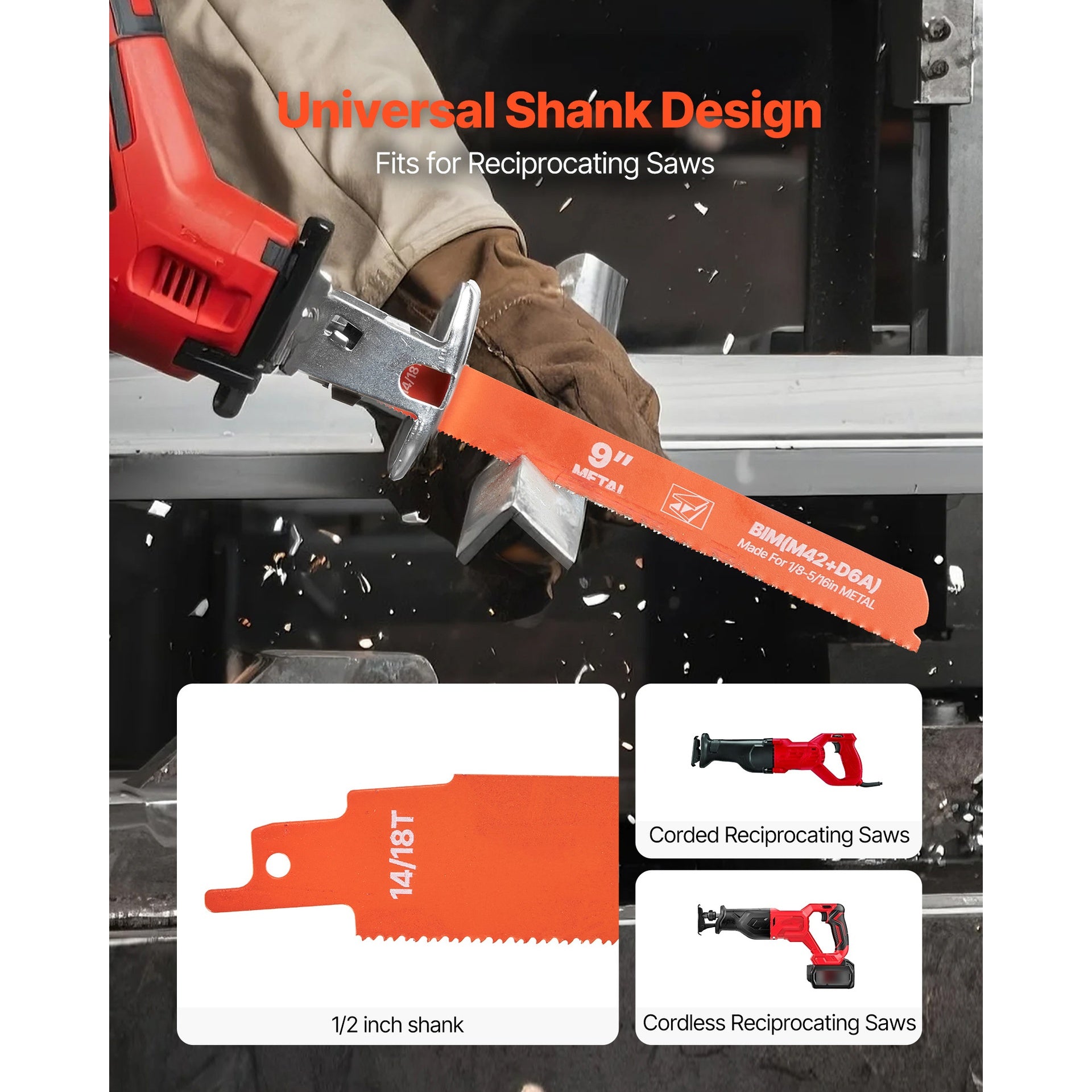 Reciprocating Saw Blades, 25 Pack, 14/18 TPI Bi-Metal Reciprocating Saw Blade Set with Universal Shank, Sharp Teeth for Fast and Smooth Cuts, for Cutting 1/8-5/16 inch Medium Metals, Orange