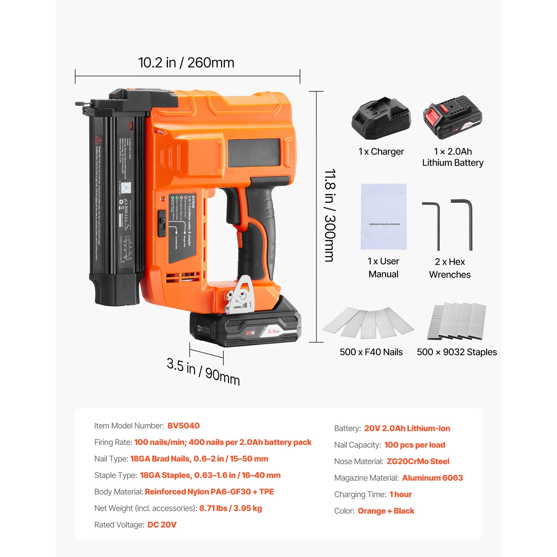 2-in-1 Cordless Brad Nailer, 18 Gauge, 20V Battery Powered Nail Gun and Staple Gun, with 500 pcs Nails, 500 pcs Staples, 2.0 Ah Li-ion Battery and Charger, for Home Improvement, Woodworking