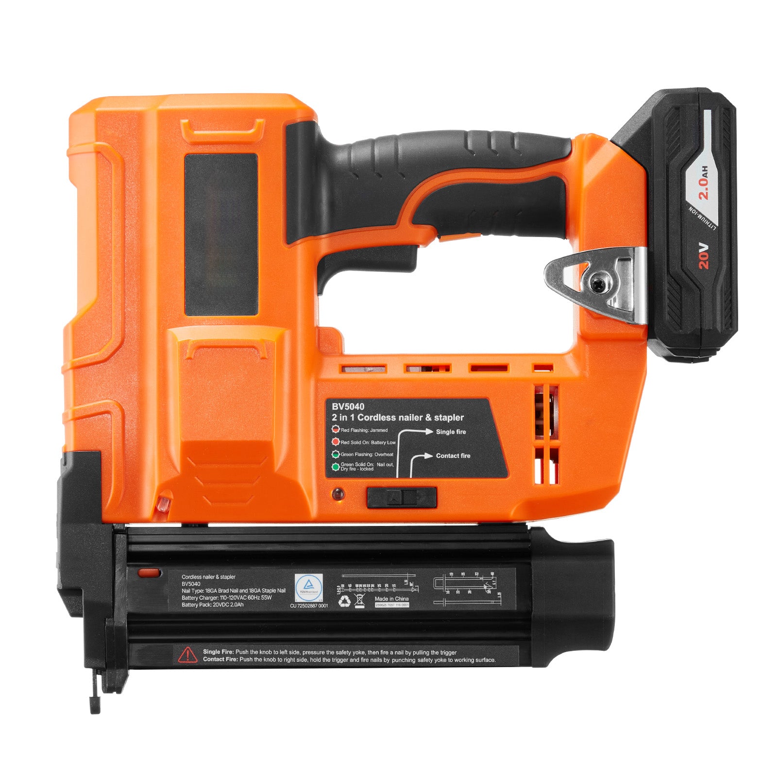 2-in-1 Cordless Brad Nailer, 18 Gauge, 20V Battery Powered Nail Gun and Staple Gun, with 500 pcs Nails, 500 pcs Staples, 2.0 Ah Li-ion Battery and Charger, for Home Improvement, Woodworking