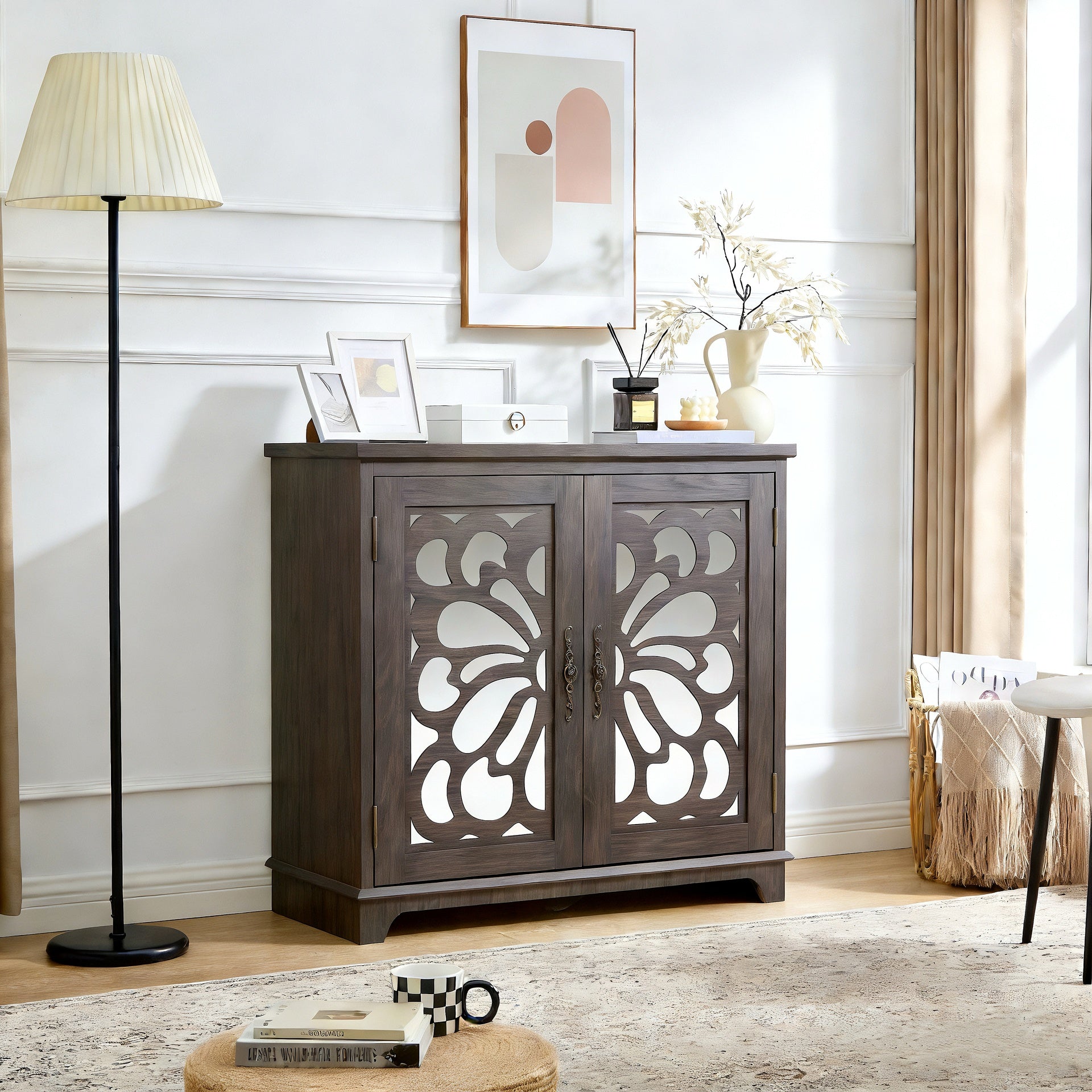 Elegant sideboard with 2 acrylic mirrored doors Sideboard and Buffet with Storage, Hollow-Carved Accent Cabinet brown laminates and MDF substrate, spacious space adjustable shelf, living room, kitchen