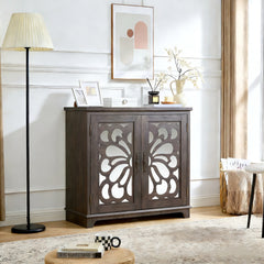 Elegant sideboard with 2 acrylic mirrored doors Sideboard and Buffet with Storage, Hollow-Carved Accent Cabinet brown laminates and MDF substrate, spacious space adjustable shelf, living room, kitchen