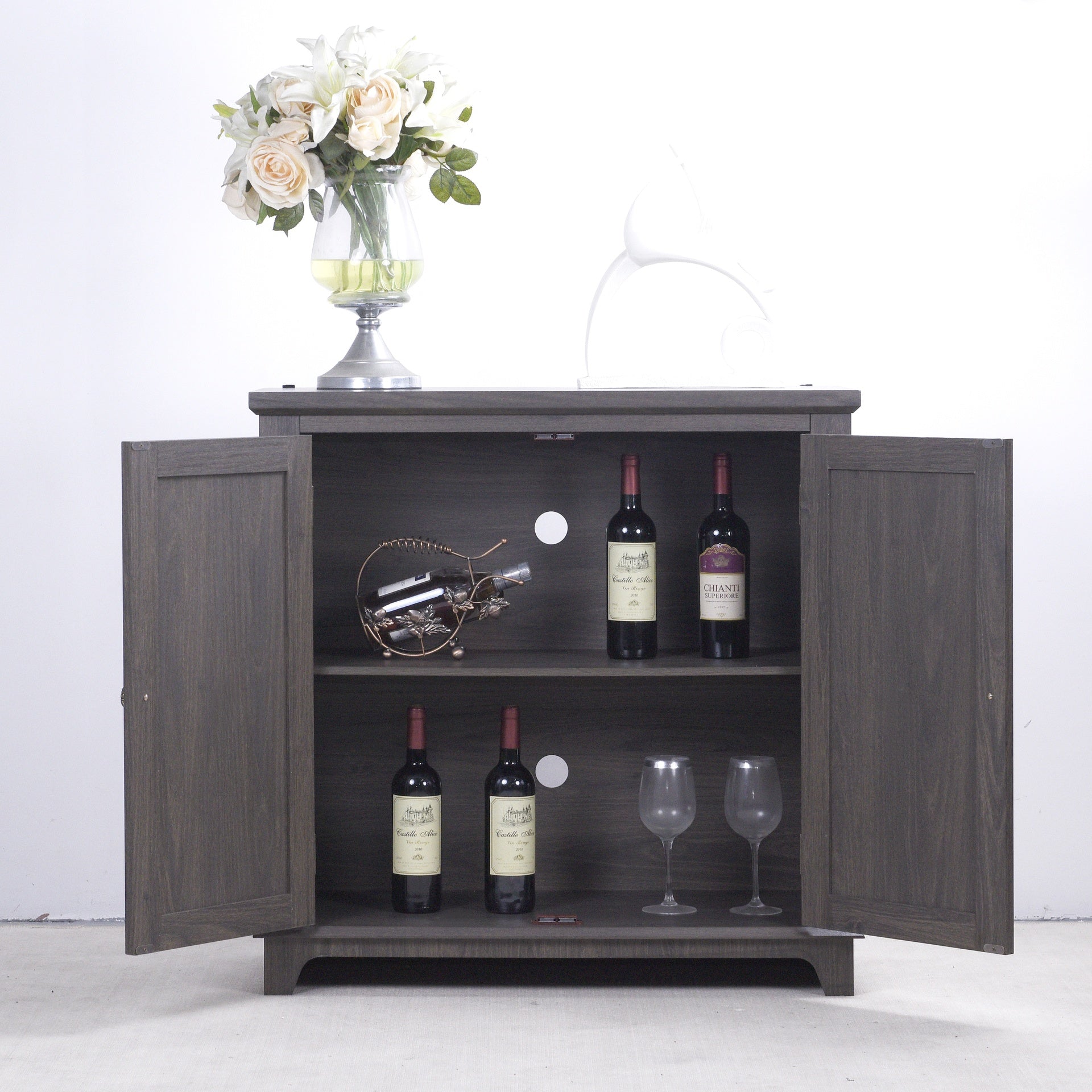 Elegant sideboard with 2 acrylic mirrored doors Sideboard and Buffet with Storage, Hollow-Carved Accent Cabinet brown laminates and MDF substrate, spacious space adjustable shelf, living room, kitchen