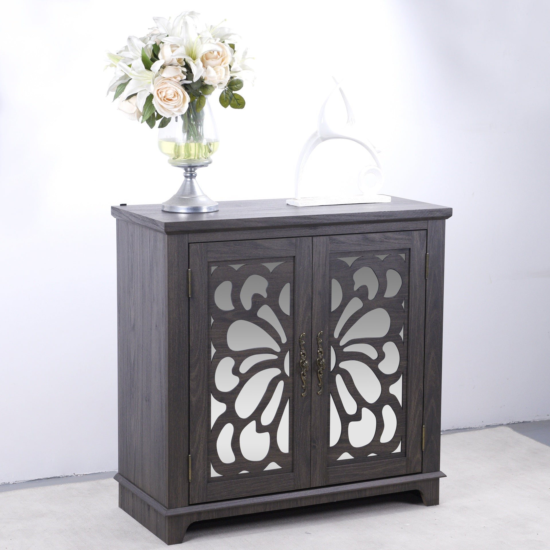 Elegant sideboard with 2 acrylic mirrored doors Sideboard and Buffet with Storage, Hollow-Carved Accent Cabinet brown laminates and MDF substrate, spacious space adjustable shelf, living room, kitchen