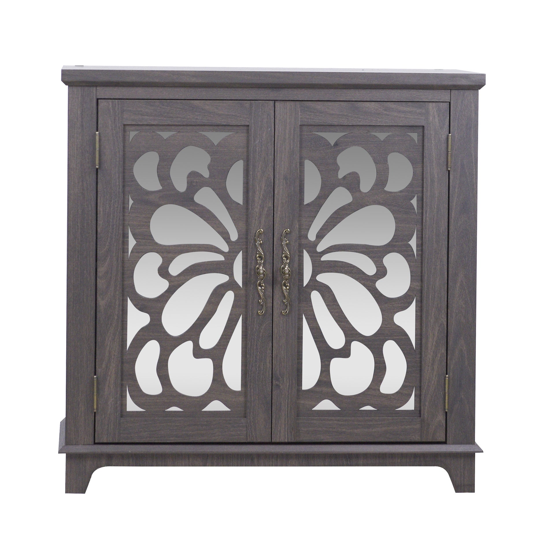 Elegant sideboard with 2 acrylic mirrored doors Sideboard and Buffet with Storage, Hollow-Carved Accent Cabinet brown laminates and MDF substrate, spacious space adjustable shelf, living room, kitchen