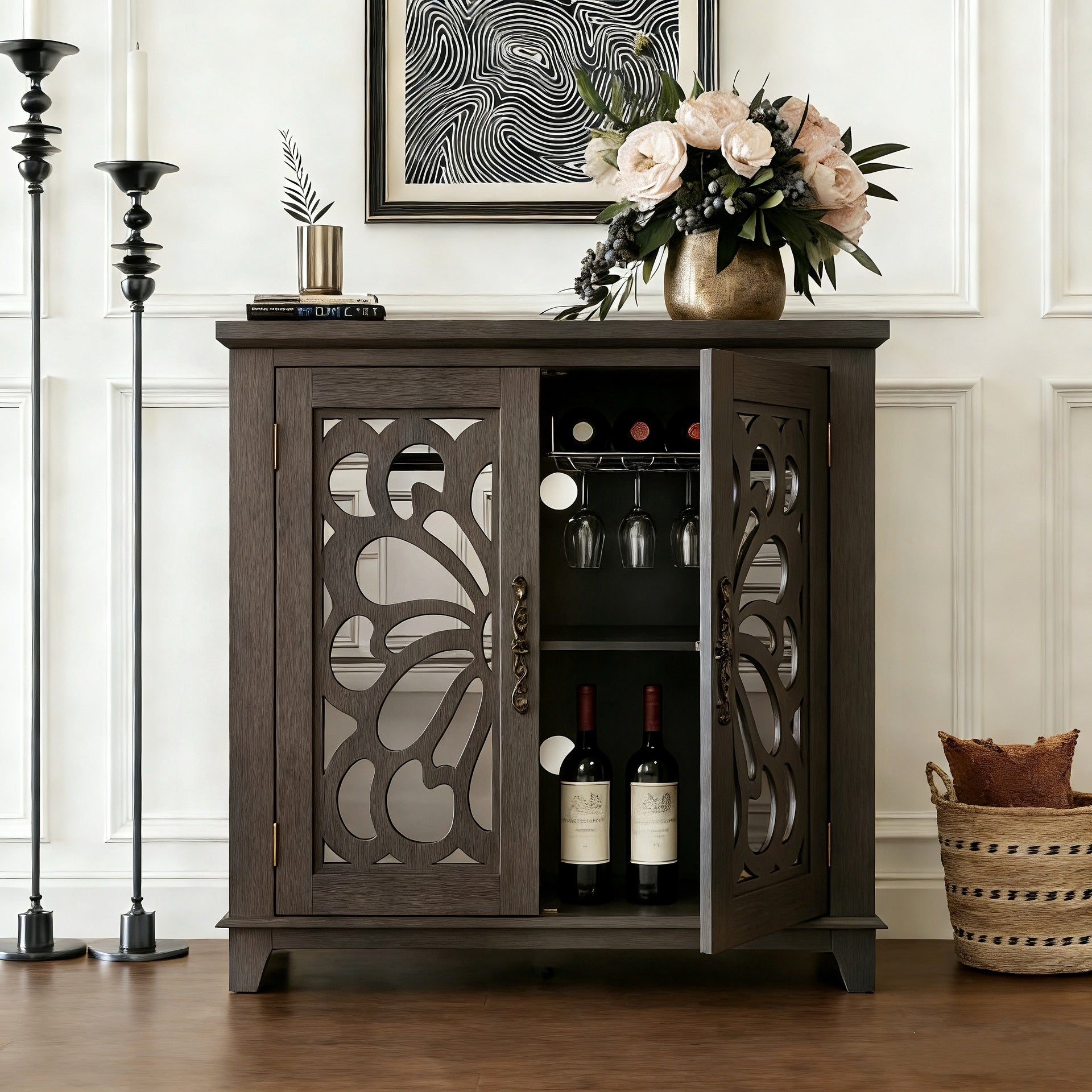 Elegant sideboard with 2 acrylic mirrored doors Sideboard and Buffet with Storage, Hollow-Carved Accent Cabinet brown laminates and MDF substrate, spacious space adjustable shelf, living room, kitchen