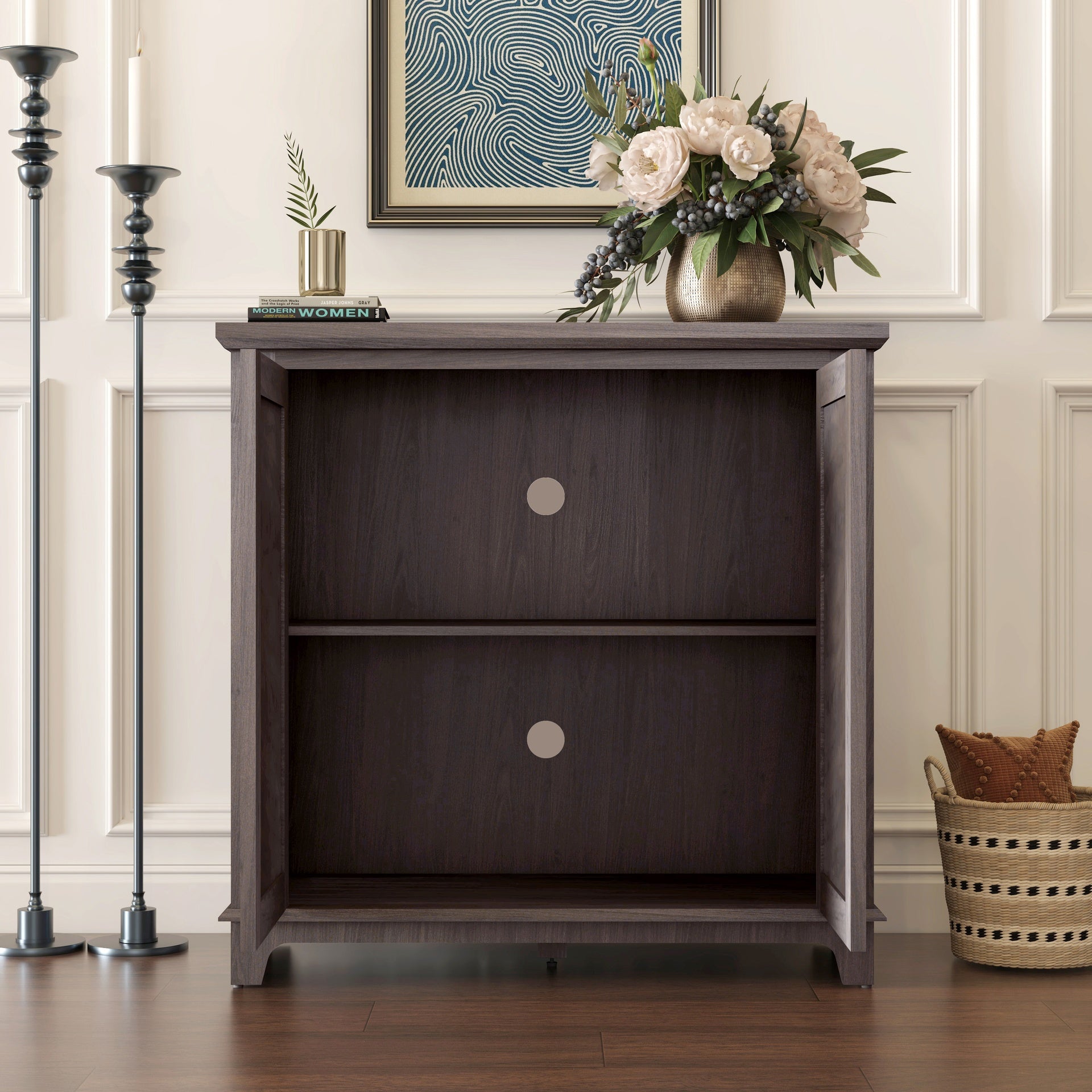 Elegant sideboard with 2 acrylic mirrored doors Sideboard and Buffet with Storage, Hollow-Carved Accent Cabinet brown laminates and MDF substrate, spacious space adjustable shelf, living room, kitchen