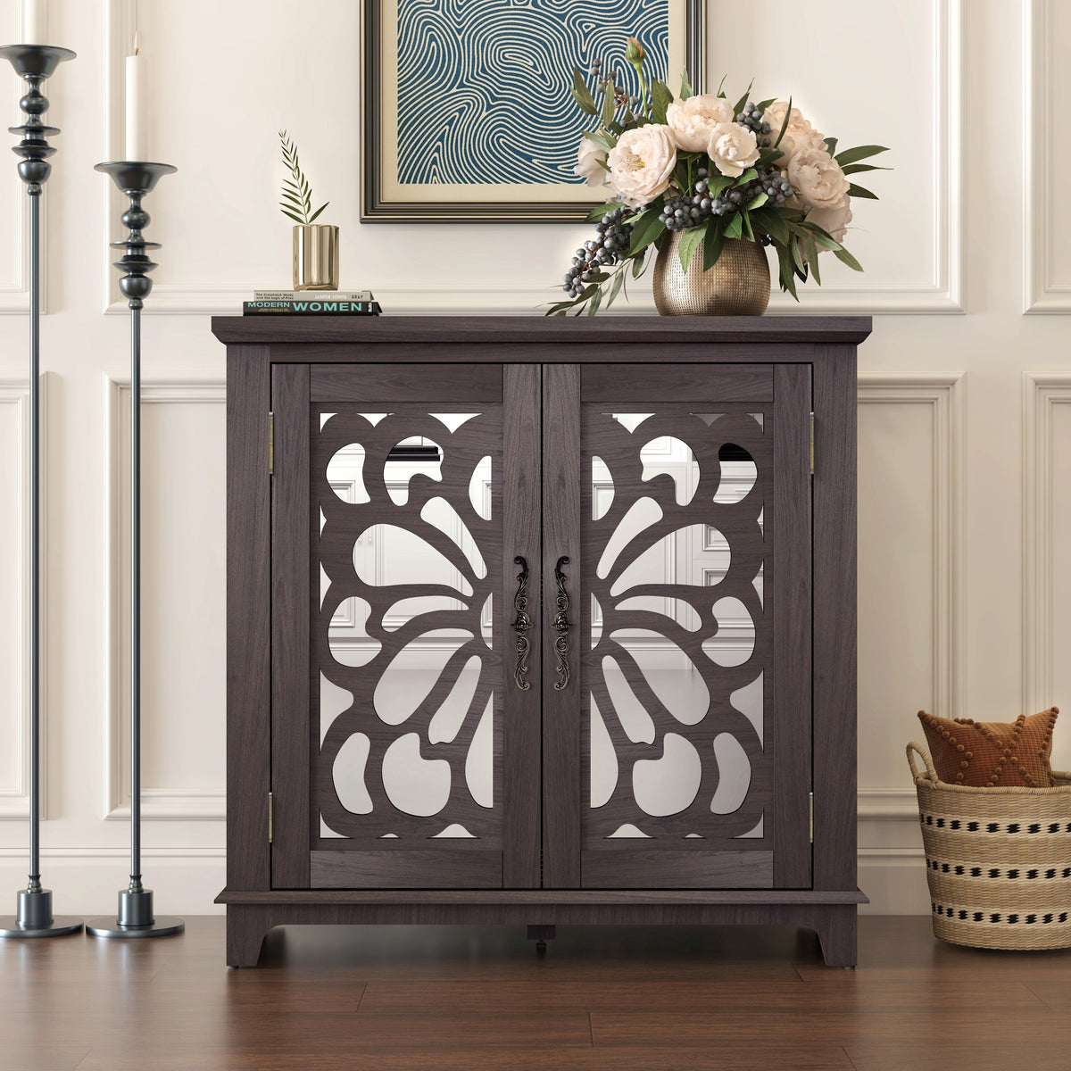 Elegant sideboard with 2 acrylic mirrored doors Sideboard and Buffet with Storage, Hollow-Carved Accent Cabinet brown laminates and MDF substrate, spacious space adjustable shelf, living room, kitchen