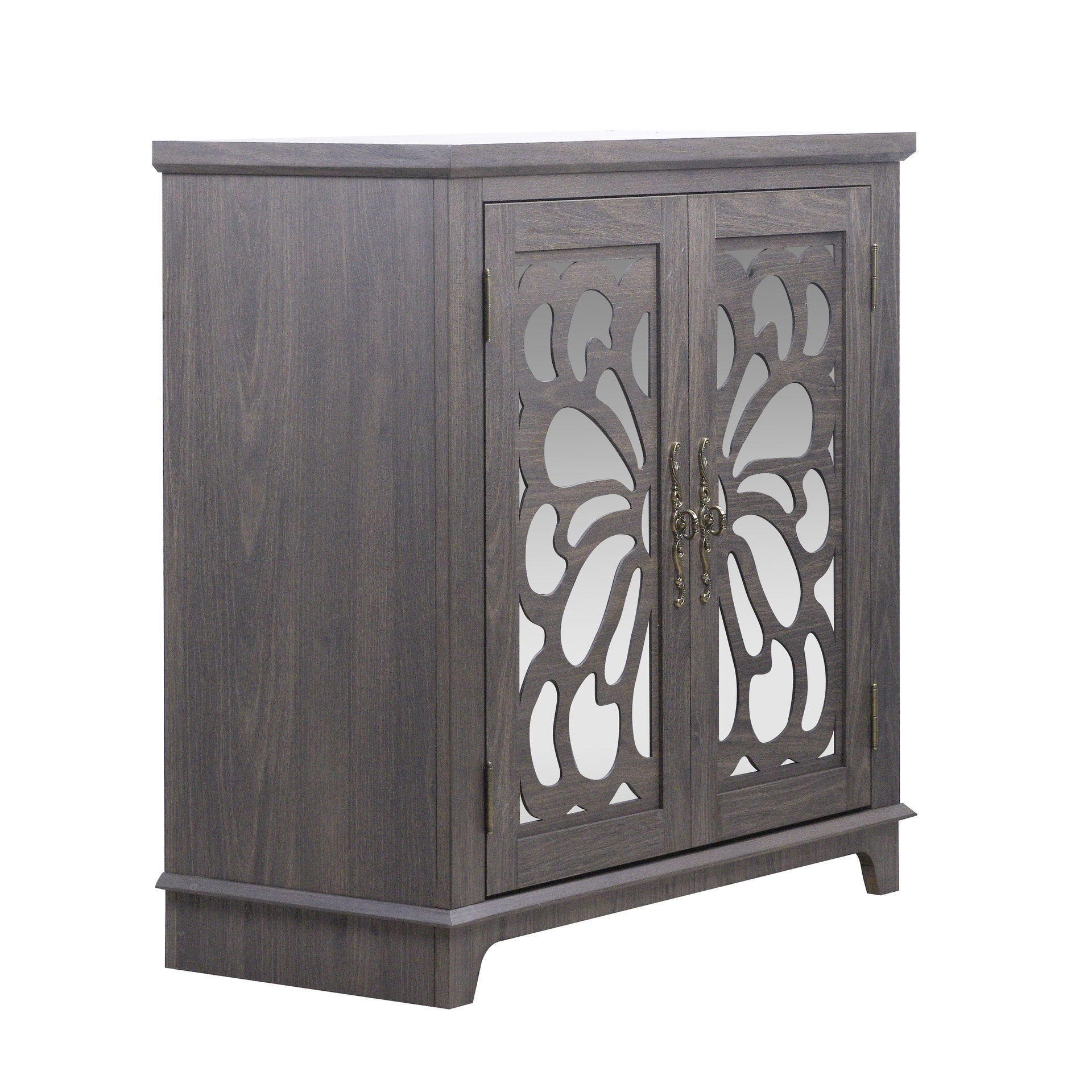 Elegant sideboard with 2 acrylic mirrored doors Sideboard and Buffet with Storage, Hollow-Carved Accent Cabinet brown laminates and MDF substrate, spacious space adjustable shelf, living room, kitchen