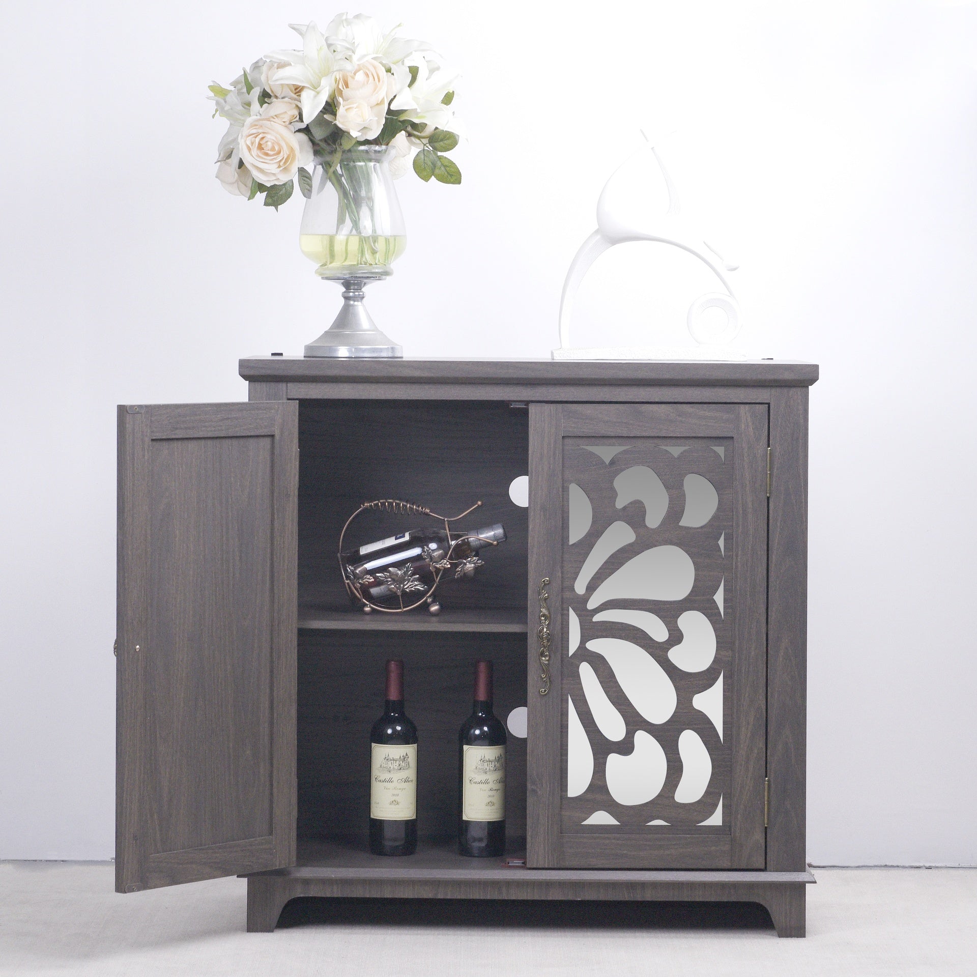 Elegant sideboard with 2 acrylic mirrored doors Sideboard and Buffet with Storage, Hollow-Carved Accent Cabinet brown laminates and MDF substrate, spacious space adjustable shelf, living room, kitchen