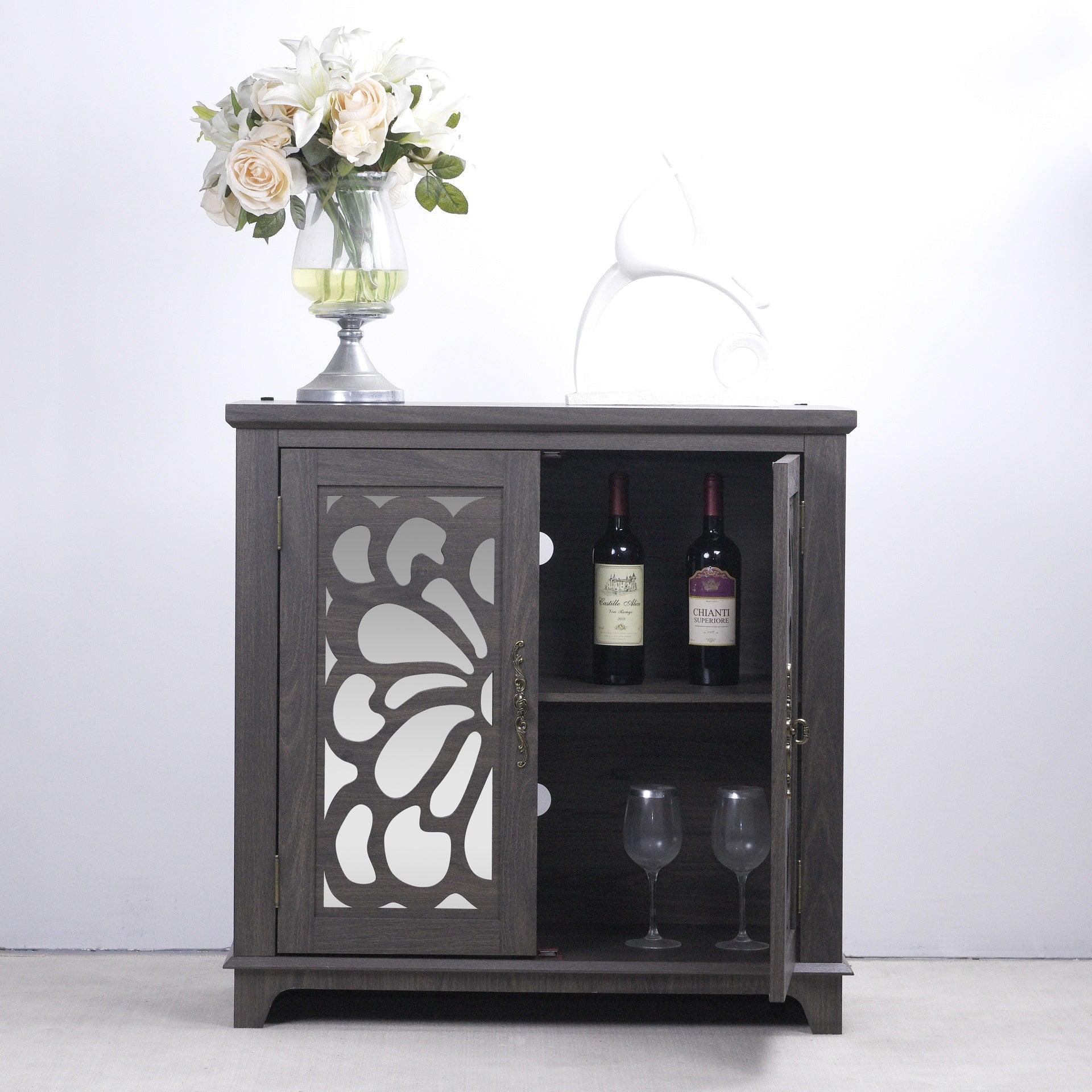 Elegant sideboard with 2 acrylic mirrored doors Sideboard and Buffet with Storage, Hollow-Carved Accent Cabinet brown laminates and MDF substrate, spacious space adjustable shelf, living room, kitchen
