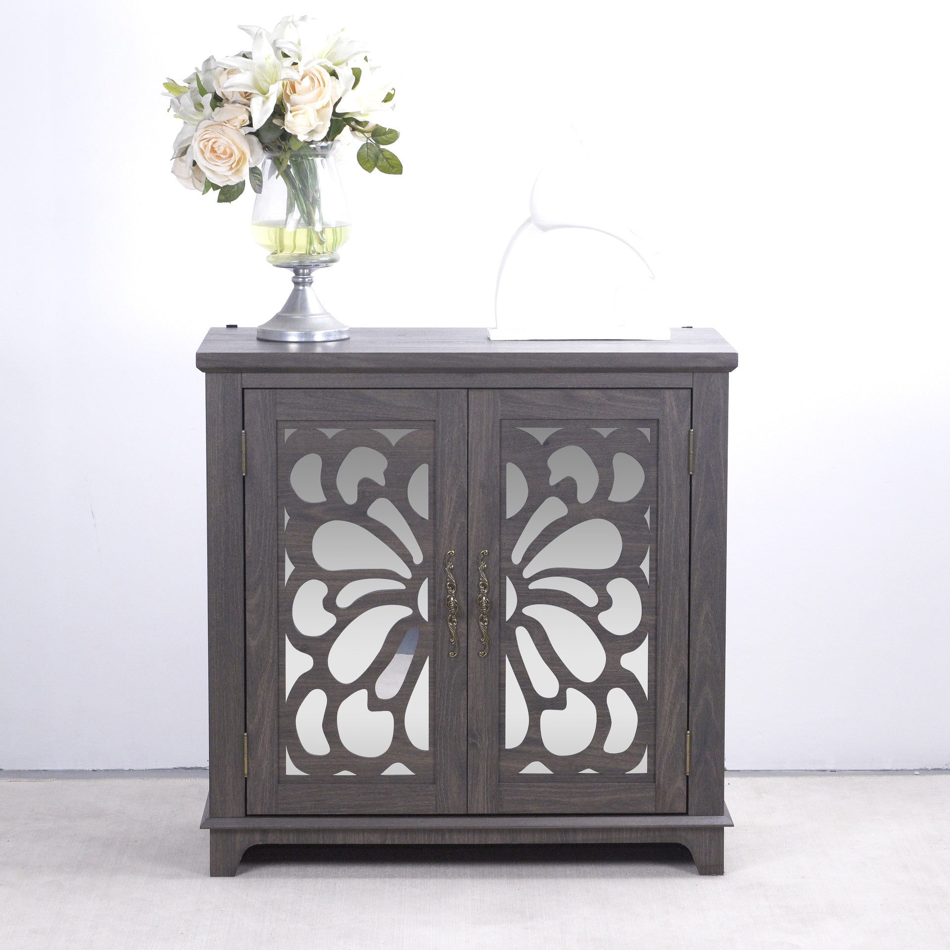 Elegant sideboard with 2 acrylic mirrored doors Sideboard and Buffet with Storage, Hollow-Carved Accent Cabinet brown laminates and MDF substrate, spacious space adjustable shelf, living room, kitchen