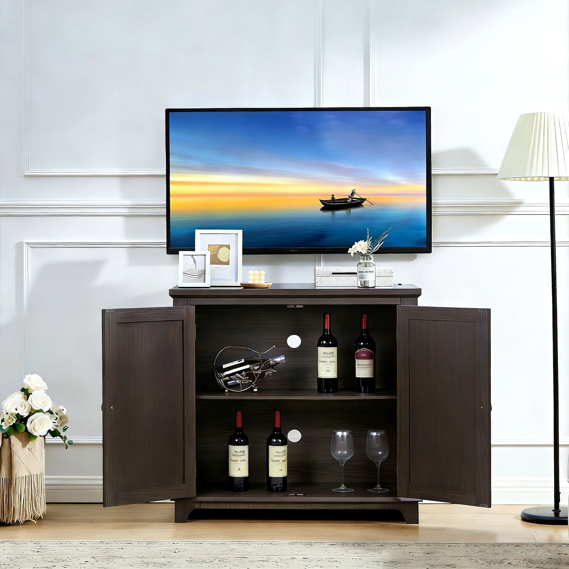 Elegant sideboard with 2 acrylic mirrored doors Sideboard and Buffet with Storage, Hollow-Carved Accent Cabinet brown laminates and MDF substrate, spacious space adjustable shelf, living room, kitchen