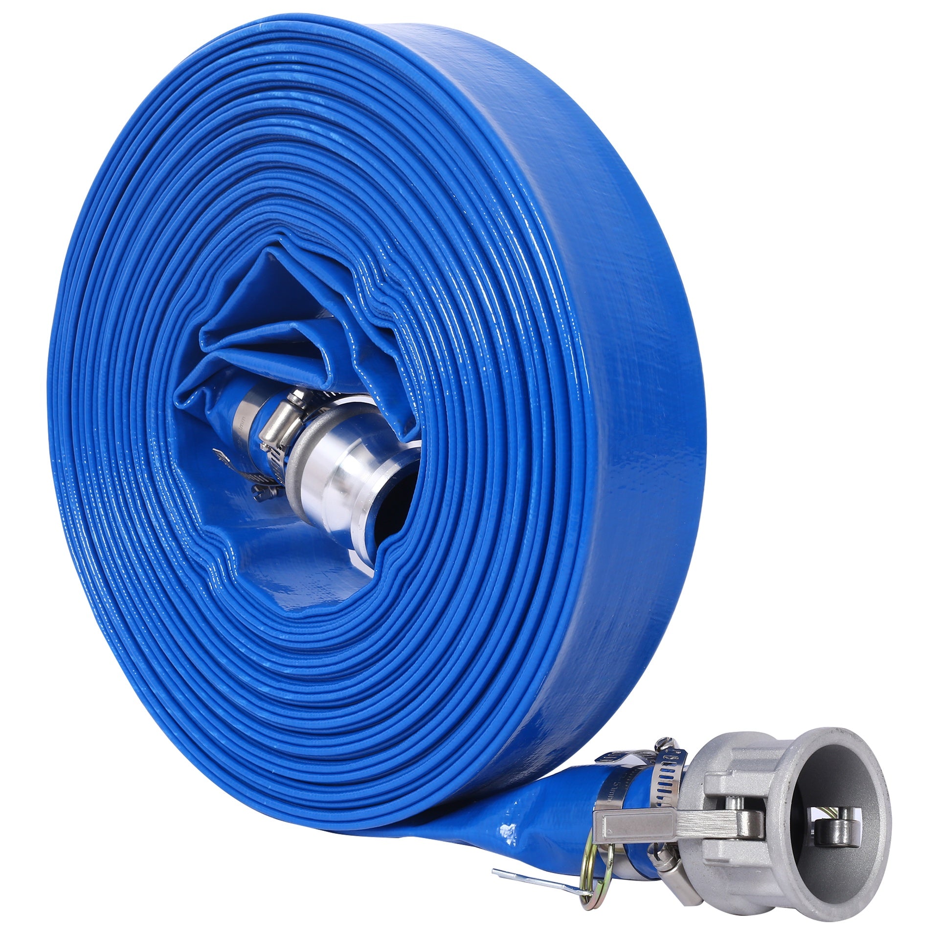 2"X100FT Pool Backwash Hose, Heavy Duty Reinforced Blue PVC Lay Flat Water Discharge Pump Hoses For Swimming Drain Pools and Clean Filters, with Aluminum Camlock C and E Fittings
