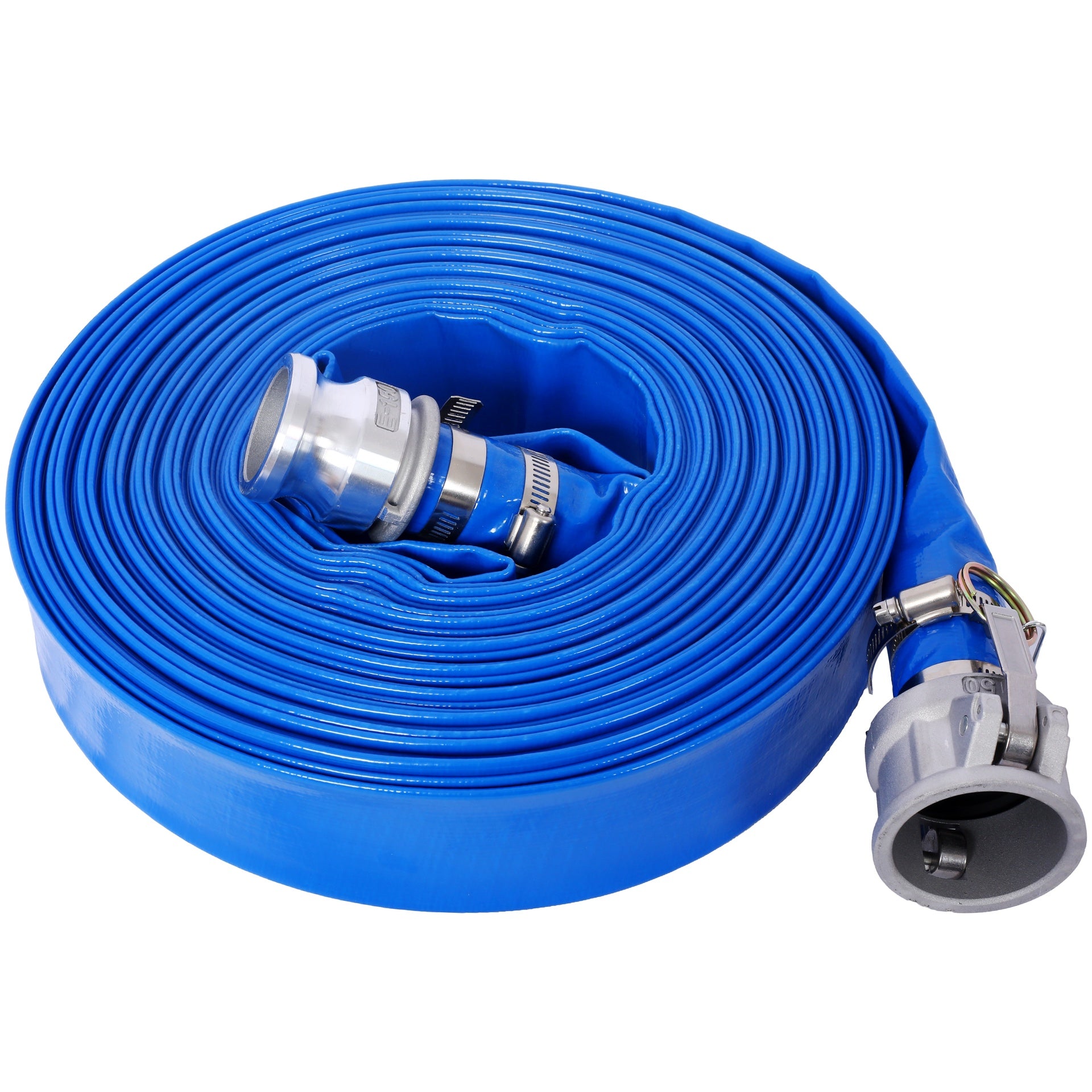2"X100FT Pool Backwash Hose, Heavy Duty Reinforced Blue PVC Lay Flat Water Discharge Pump Hoses For Swimming Drain Pools and Clean Filters, with Aluminum Camlock C and E Fittings