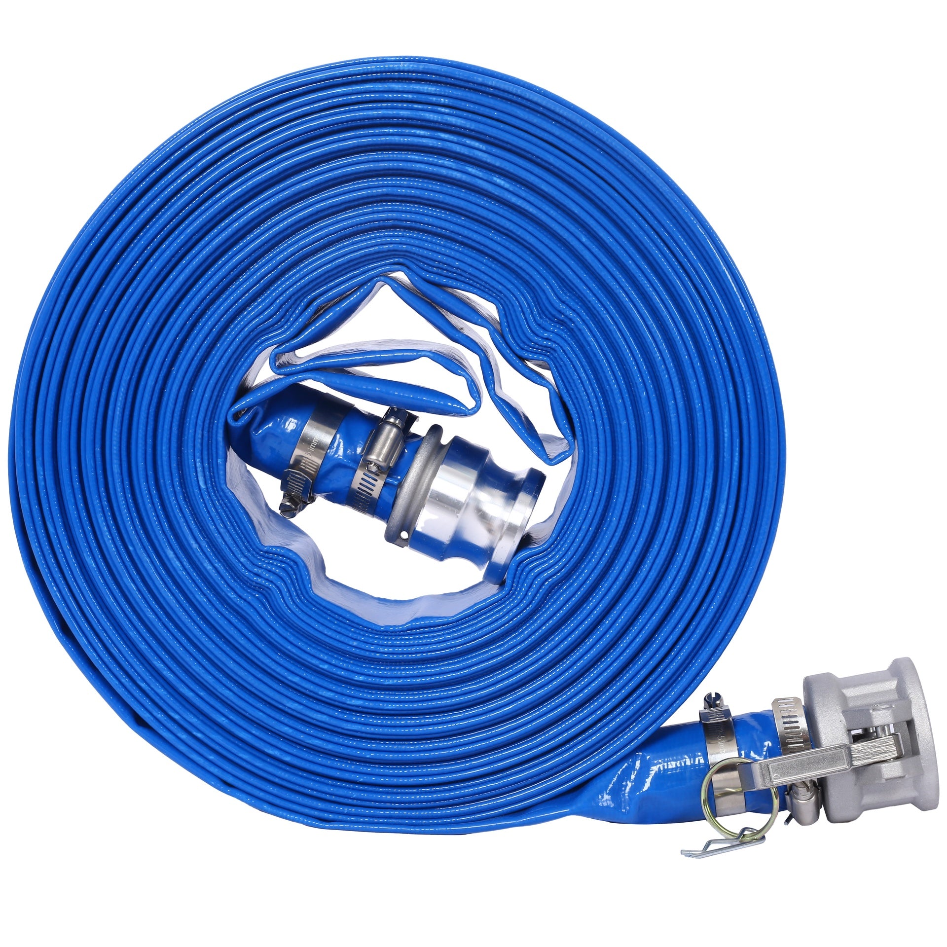 2"X100FT Pool Backwash Hose, Heavy Duty Reinforced Blue PVC Lay Flat Water Discharge Pump Hoses For Swimming Drain Pools and Clean Filters, with Aluminum Camlock C and E Fittings