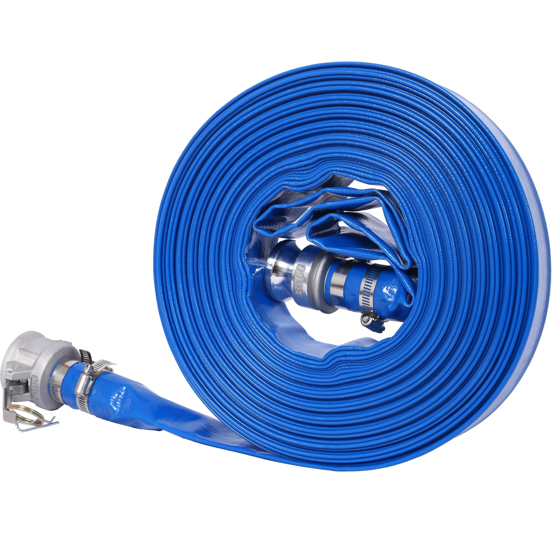 2"X100FT Pool Backwash Hose, Heavy Duty Reinforced Blue PVC Lay Flat Water Discharge Pump Hoses For Swimming Drain Pools and Clean Filters, with Aluminum Camlock C and E Fittings