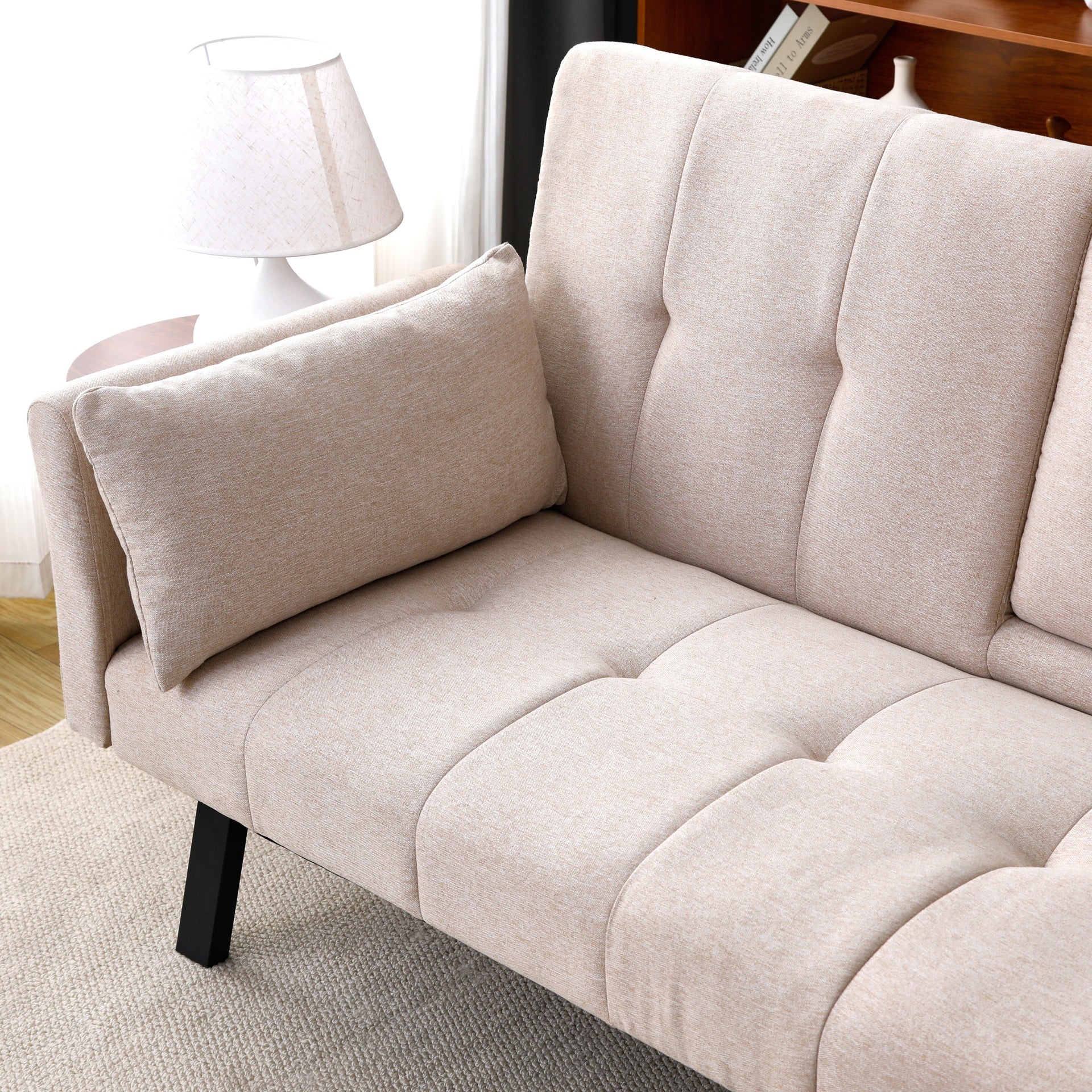 70-inch multi-functional cotton and linen sofa bed: foldable + cup holder + side storage, instantly switch between living room and bedroom