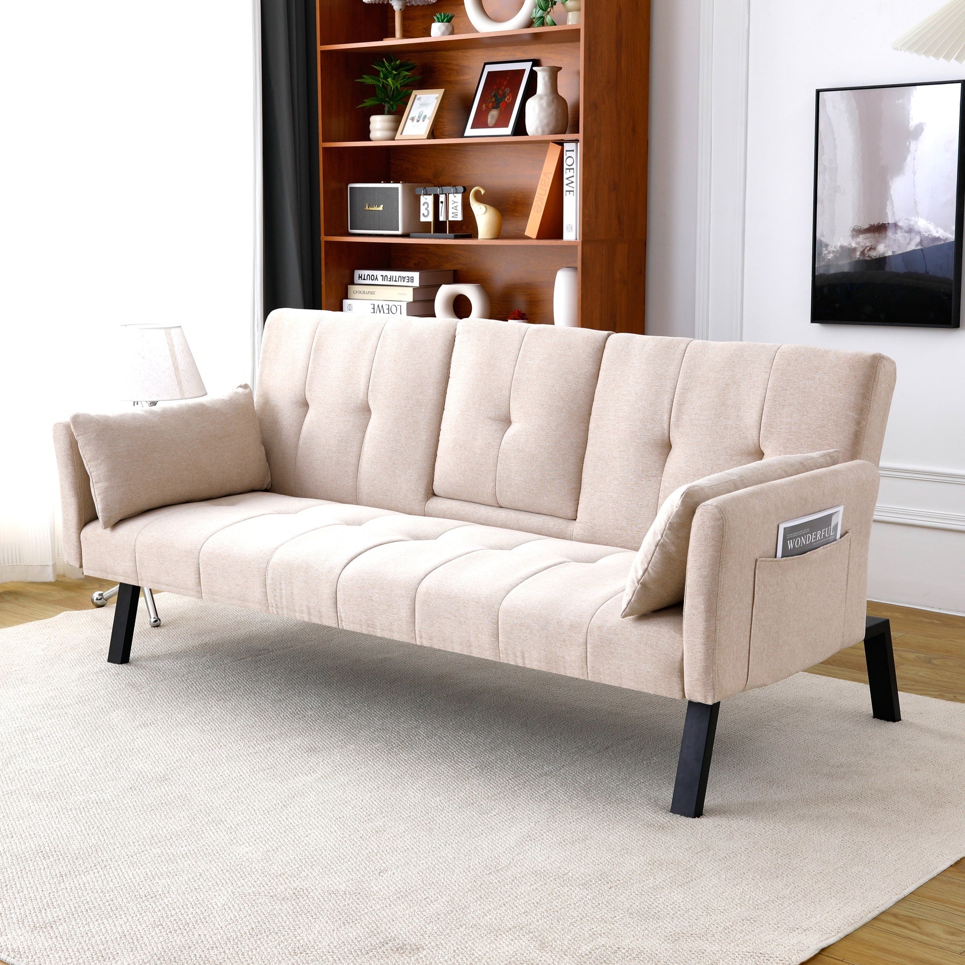 70-inch multi-functional cotton and linen sofa bed: foldable + cup holder + side storage, instantly switch between living room and bedroom
