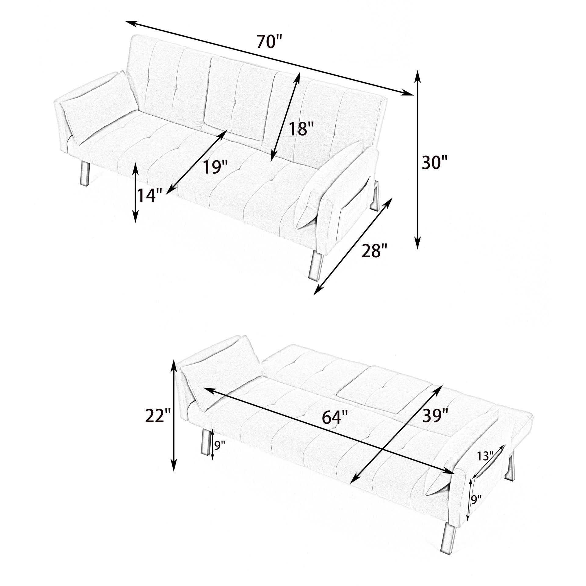 70-inch multi-functional cotton and linen sofa bed: foldable + cup holder + side storage, instantly switch between living room and bedroom