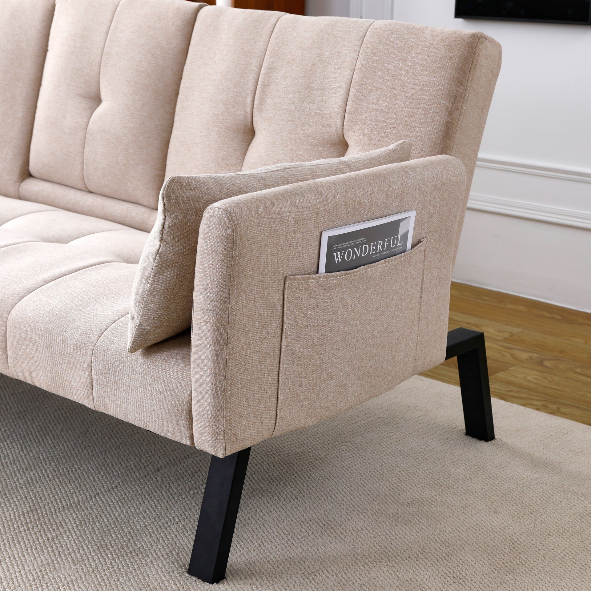 70-inch multi-functional cotton and linen sofa bed: foldable + cup holder + side storage, instantly switch between living room and bedroom