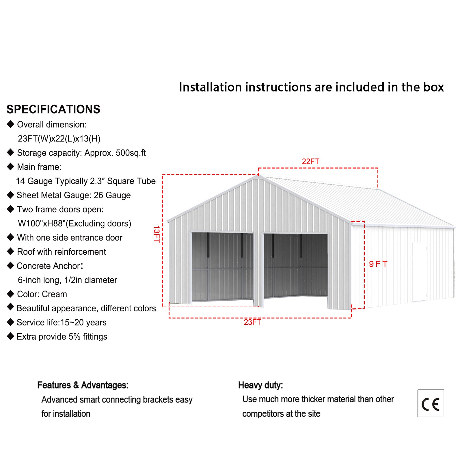 22FT x 23 FT Double Garage Steel Barn Shed – Cream Heavy Duty Metal Garage Storage Shed - The customer must have unloading capabilities, such as a forklift or crane