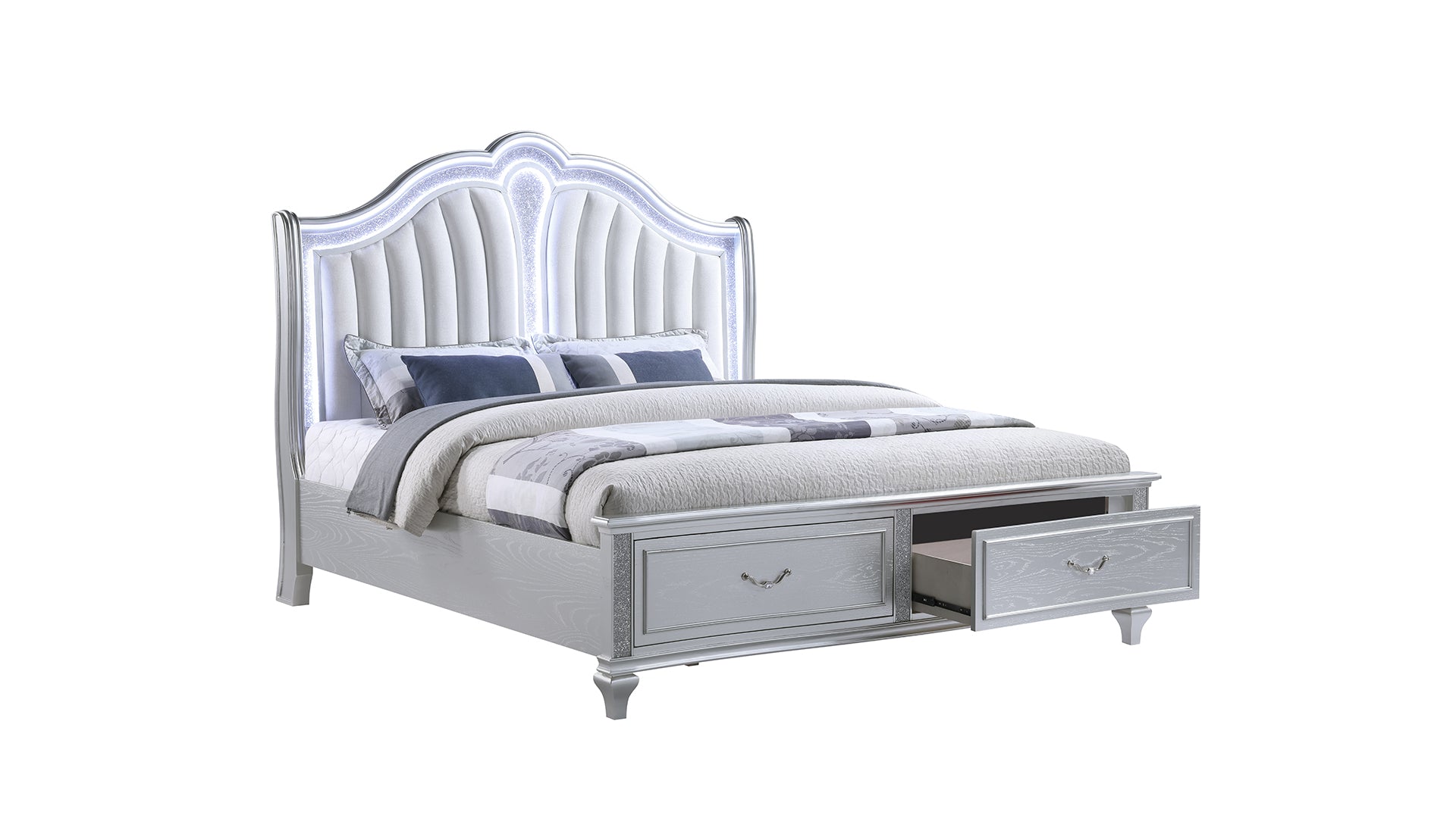 Mystic Contemporary Style Upholstered LED headboard Queen 4PC Bedroom Set made with Wood in Silver(NJ Inventory)