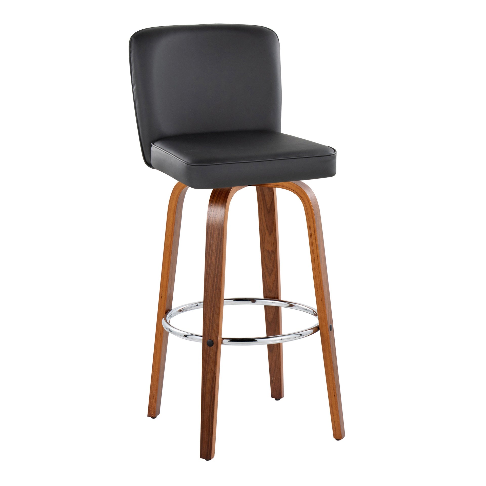 Henry 30" Contemporary Fixed-Height Barstool with Swivel in Walnut Wood and Black Faux Leather with Round Chrome Footrest by LumiSource - Set of 2
