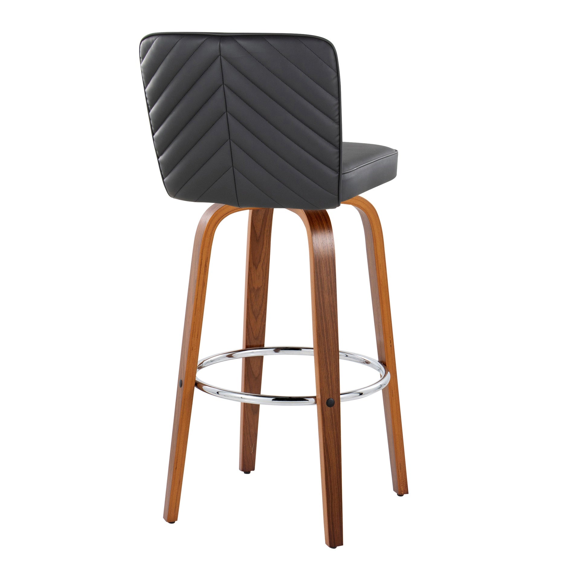 Henry 30" Contemporary Fixed-Height Barstool with Swivel in Walnut Wood and Black Faux Leather with Round Chrome Footrest by LumiSource - Set of 2