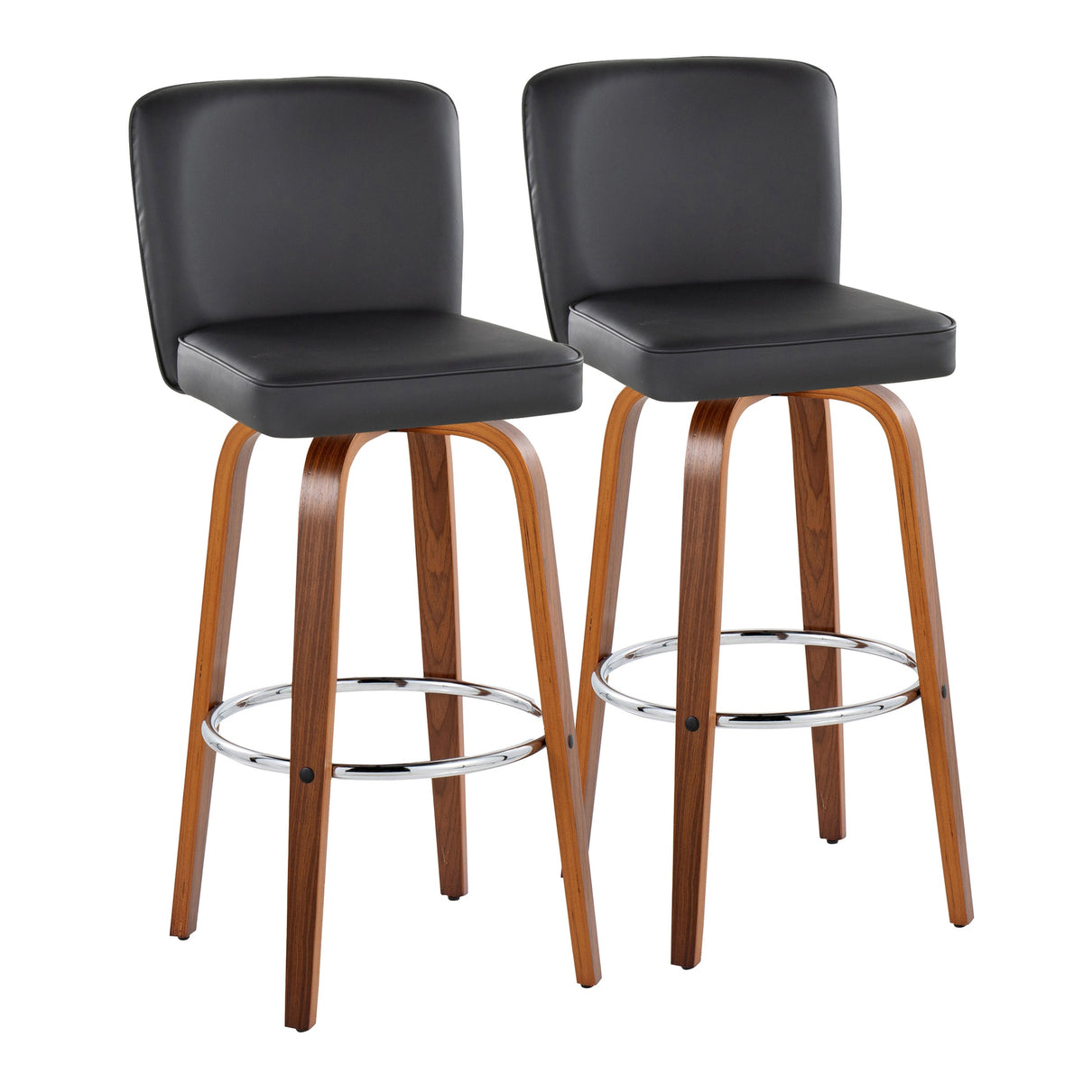 Henry 30" Contemporary Fixed-Height Barstool with Swivel in Walnut Wood and Black Faux Leather with Round Chrome Footrest by LumiSource - Set of 2