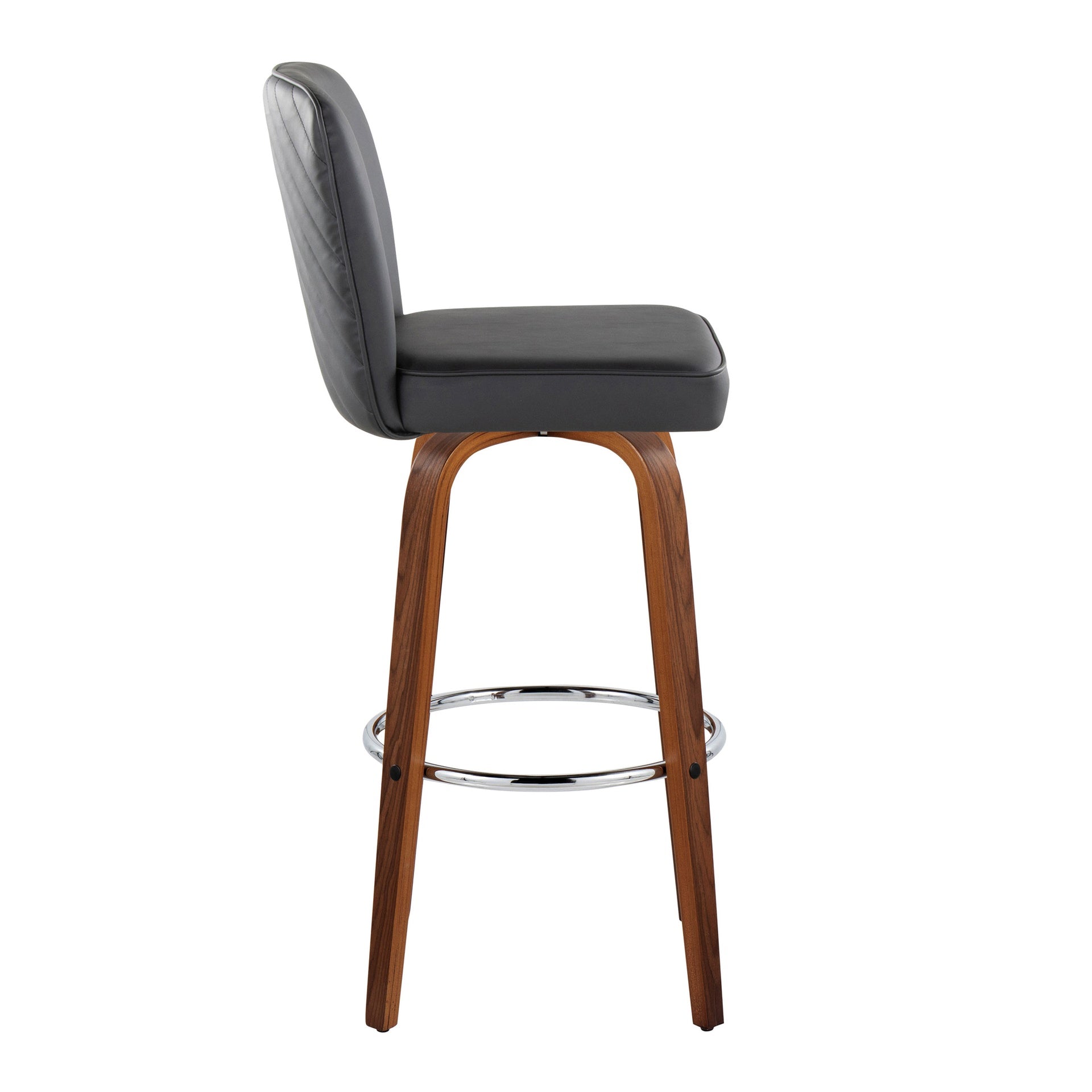 Henry 30" Contemporary Fixed-Height Barstool with Swivel in Walnut Wood and Black Faux Leather with Round Chrome Footrest by LumiSource - Set of 2