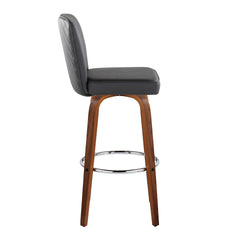 Henry 30" Contemporary Fixed-Height Barstool with Swivel in Walnut Wood and Black Faux Leather with Round Chrome Footrest by LumiSource - Set of 2