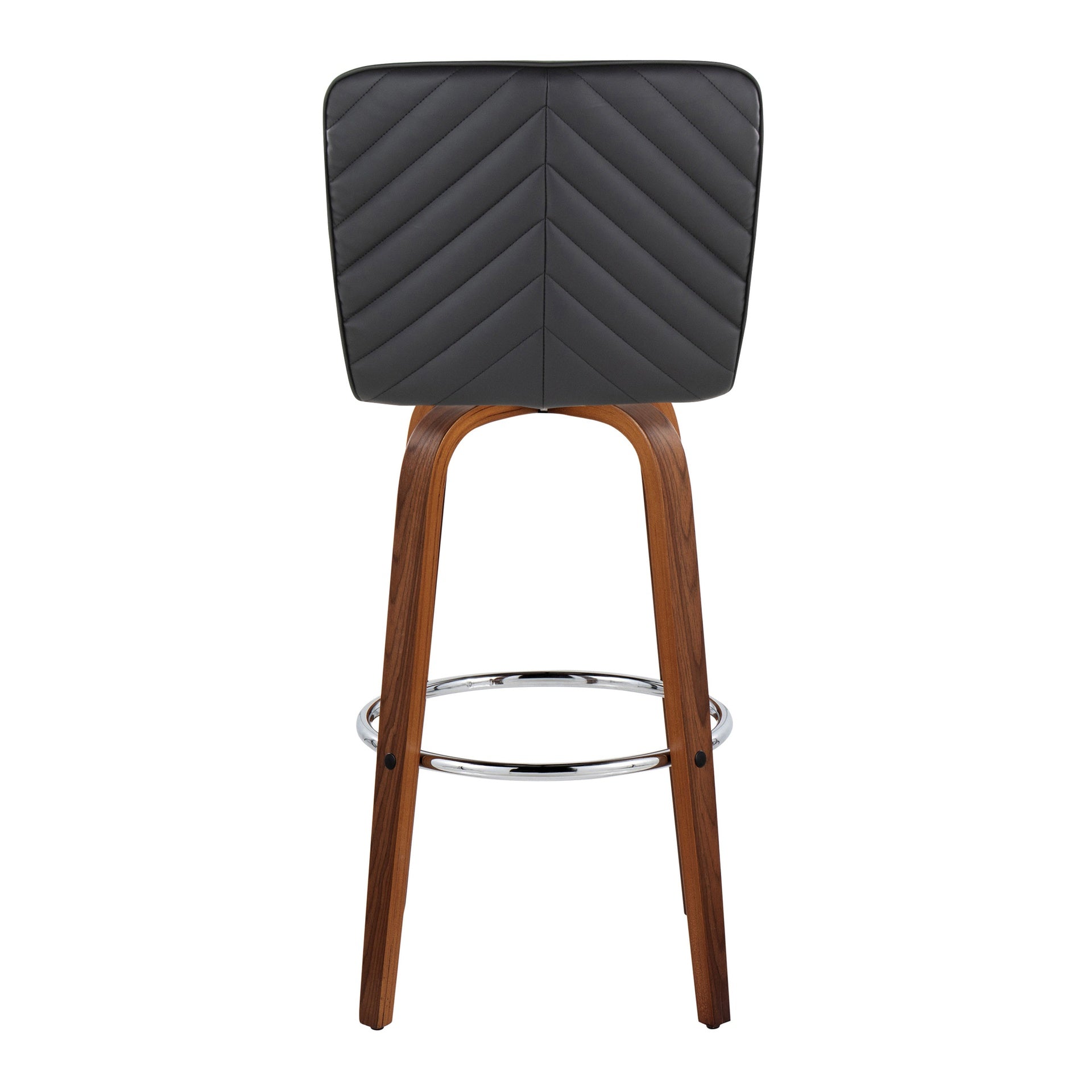 Henry 30" Contemporary Fixed-Height Barstool with Swivel in Walnut Wood and Black Faux Leather with Round Chrome Footrest by LumiSource - Set of 2