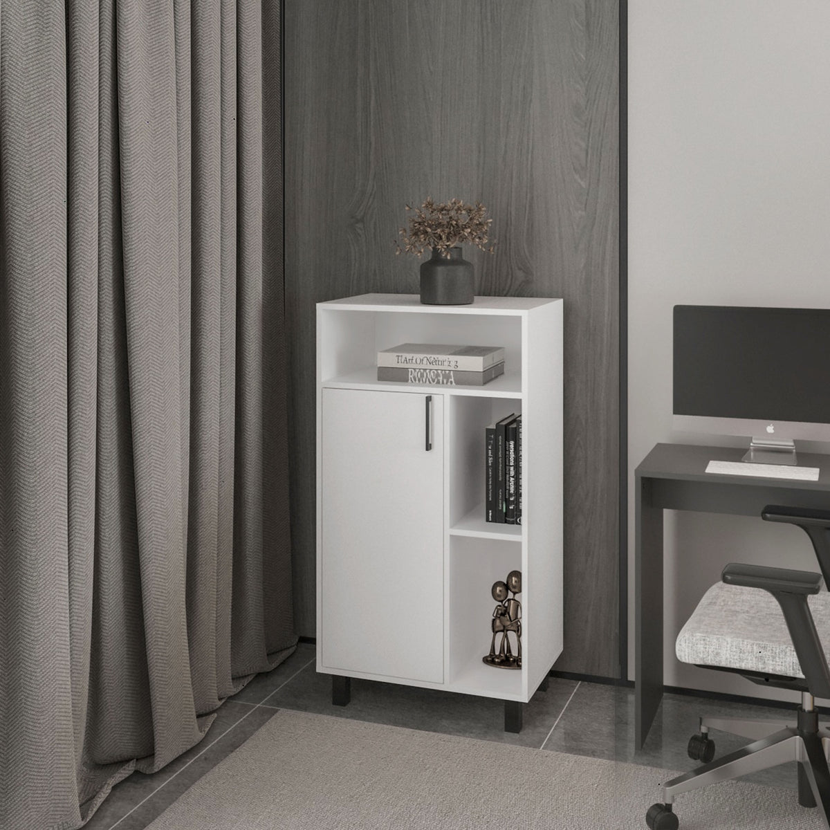 FM FURNITURE Blackwater Cabinet with Open Storage and 1 Door, White