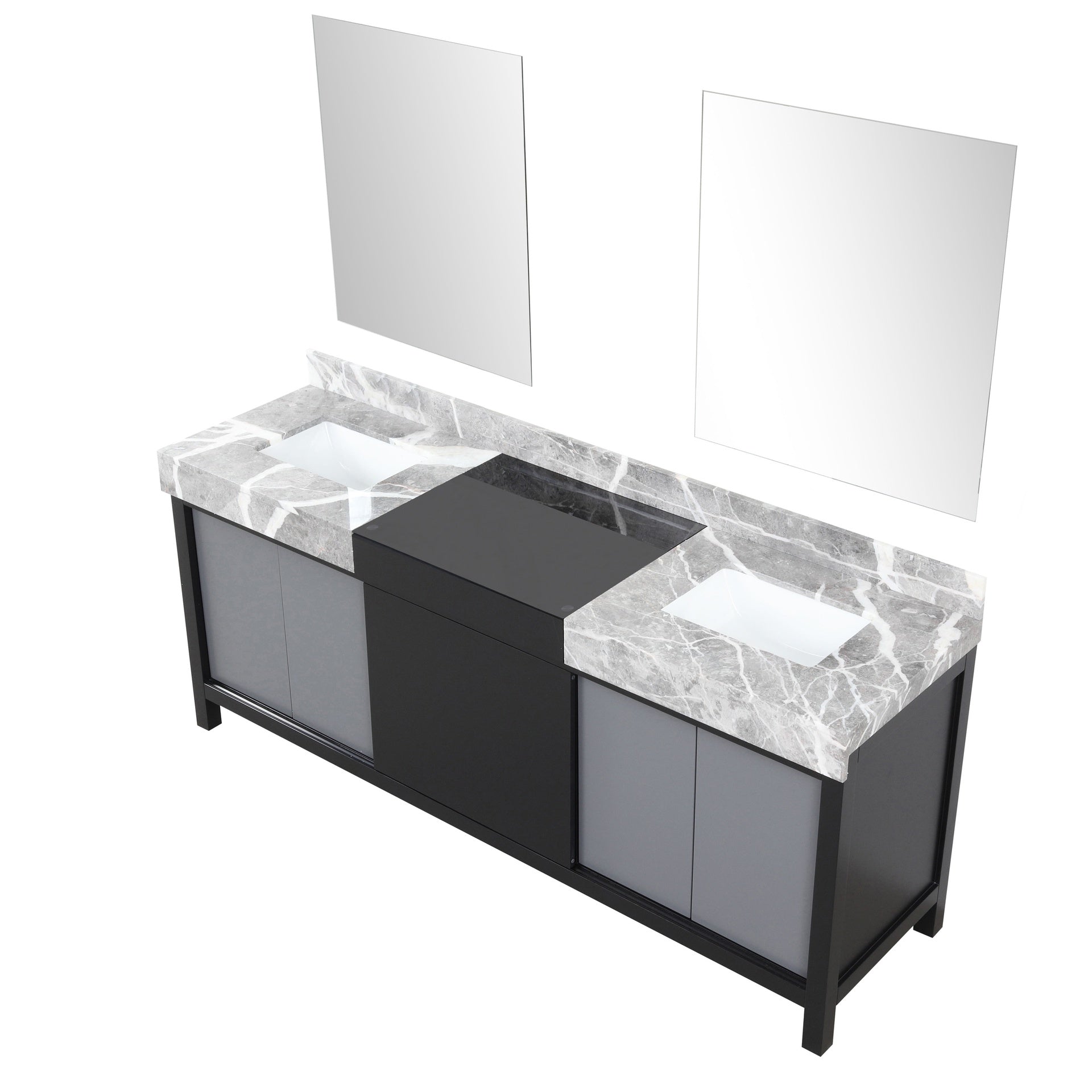 Black and Grey Double Bath Vanity 80 in. W x 22 in. D, Castle Grey Marble Top and 30 in. Mirrors