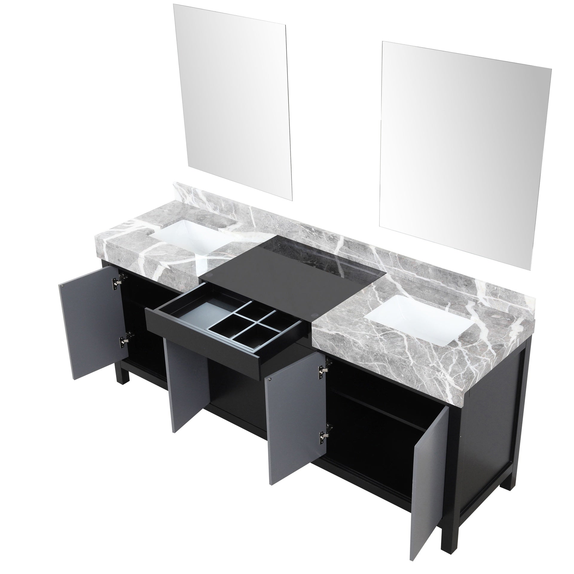 Black and Grey Double Bath Vanity 80 in. W x 22 in. D, Castle Grey Marble Top and 30 in. Mirrors