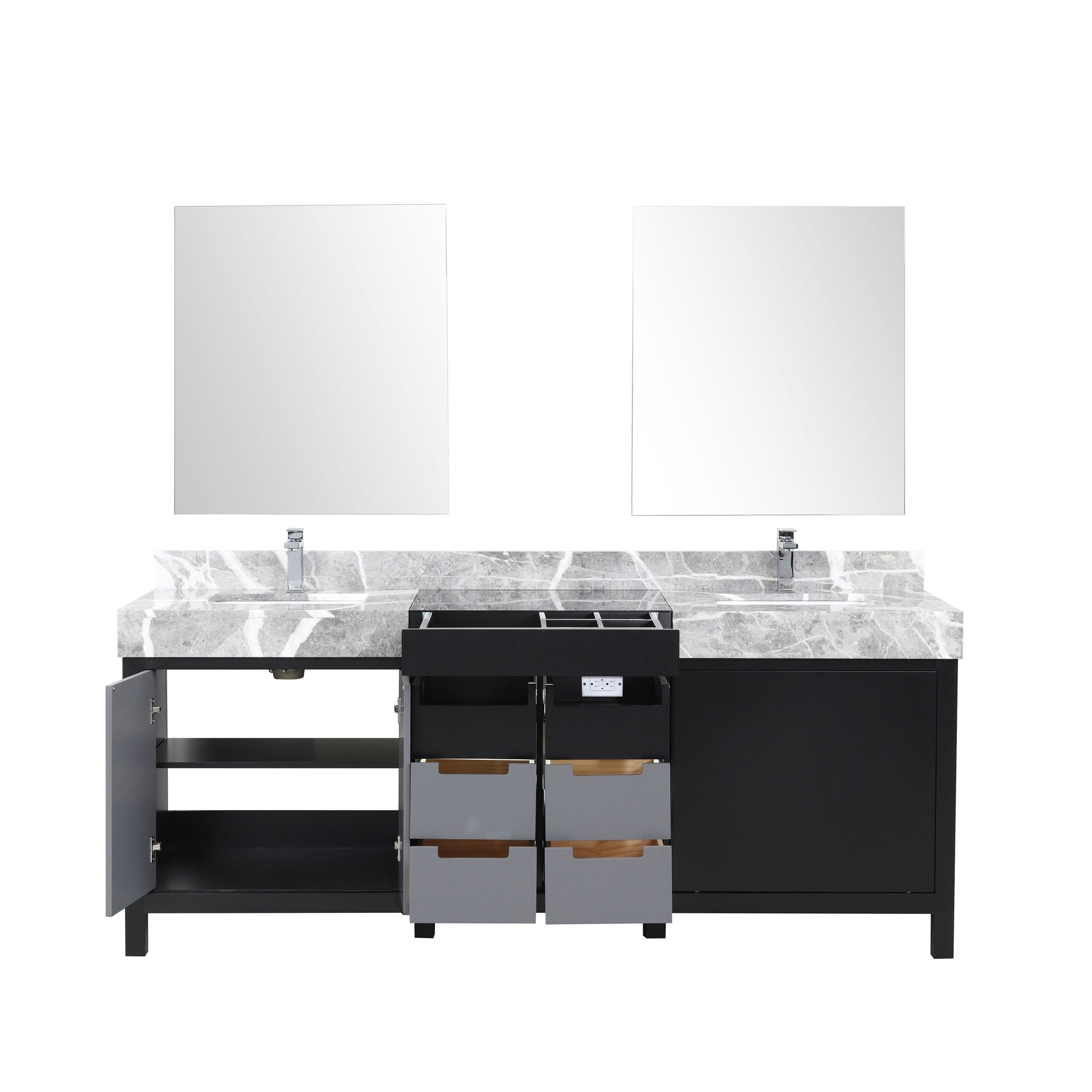 Black and Grey Double Bath Vanity 80 in. W x 22 in. D, Castle Grey Marble Top and 30 in. Mirrors