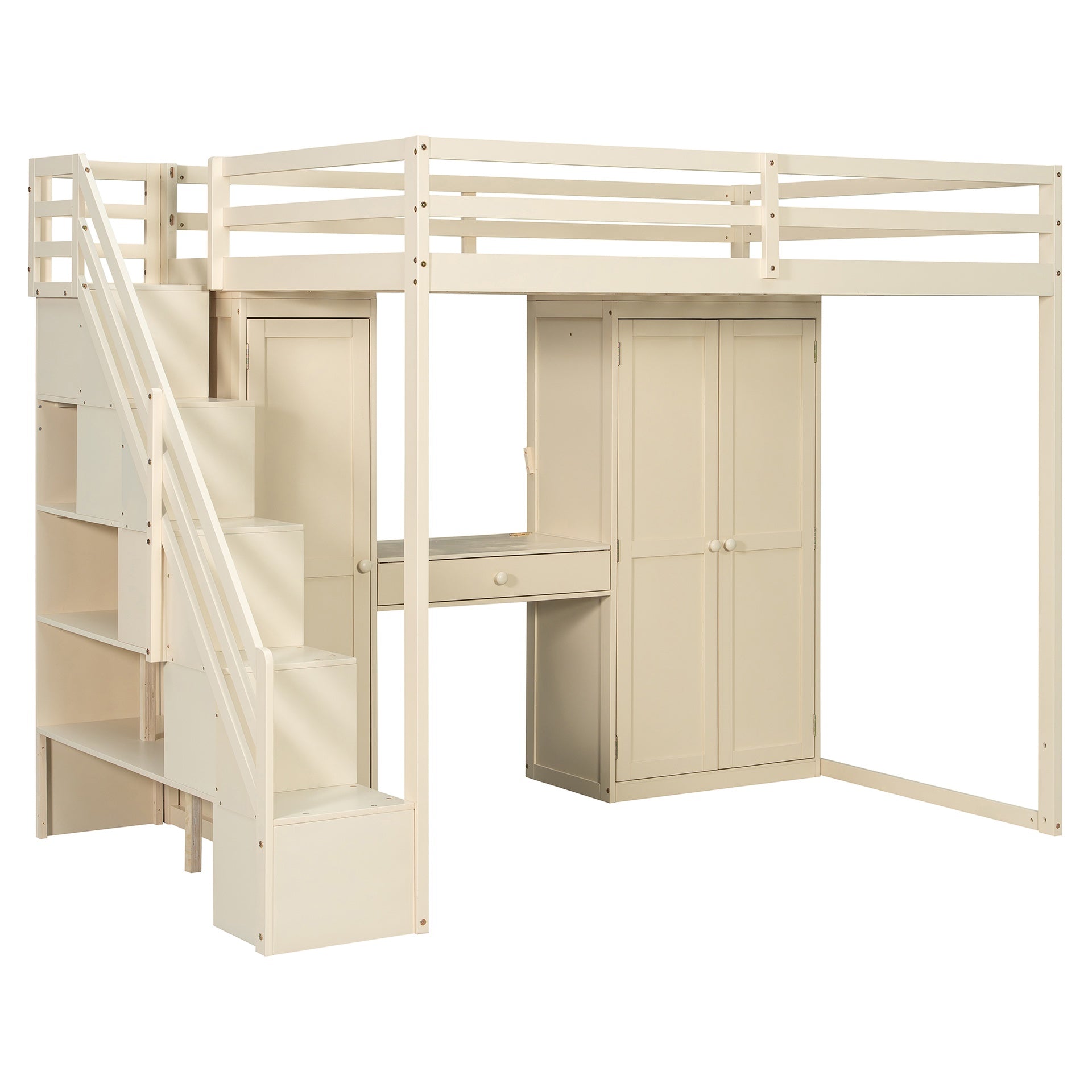Full Size Loft Bed with Storage Staircase,Built-In Dressing Table with Mirror and Drawer, Wardrobe & Cabinets, USB Charging Ports and Lights, Beige