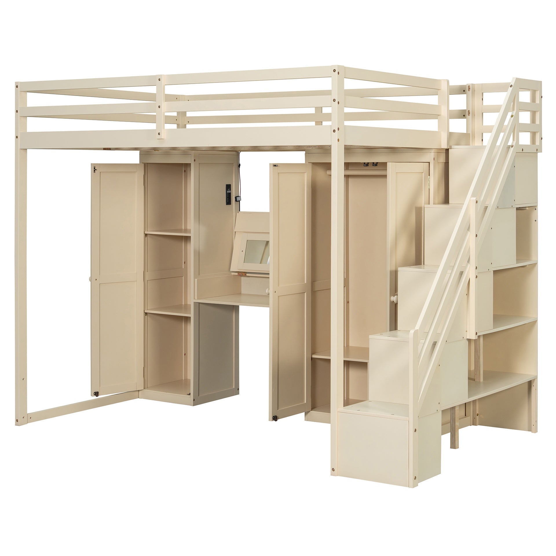 Full Size Loft Bed with Storage Staircase,Built-In Dressing Table with Mirror and Drawer, Wardrobe & Cabinets, USB Charging Ports and Lights, Beige