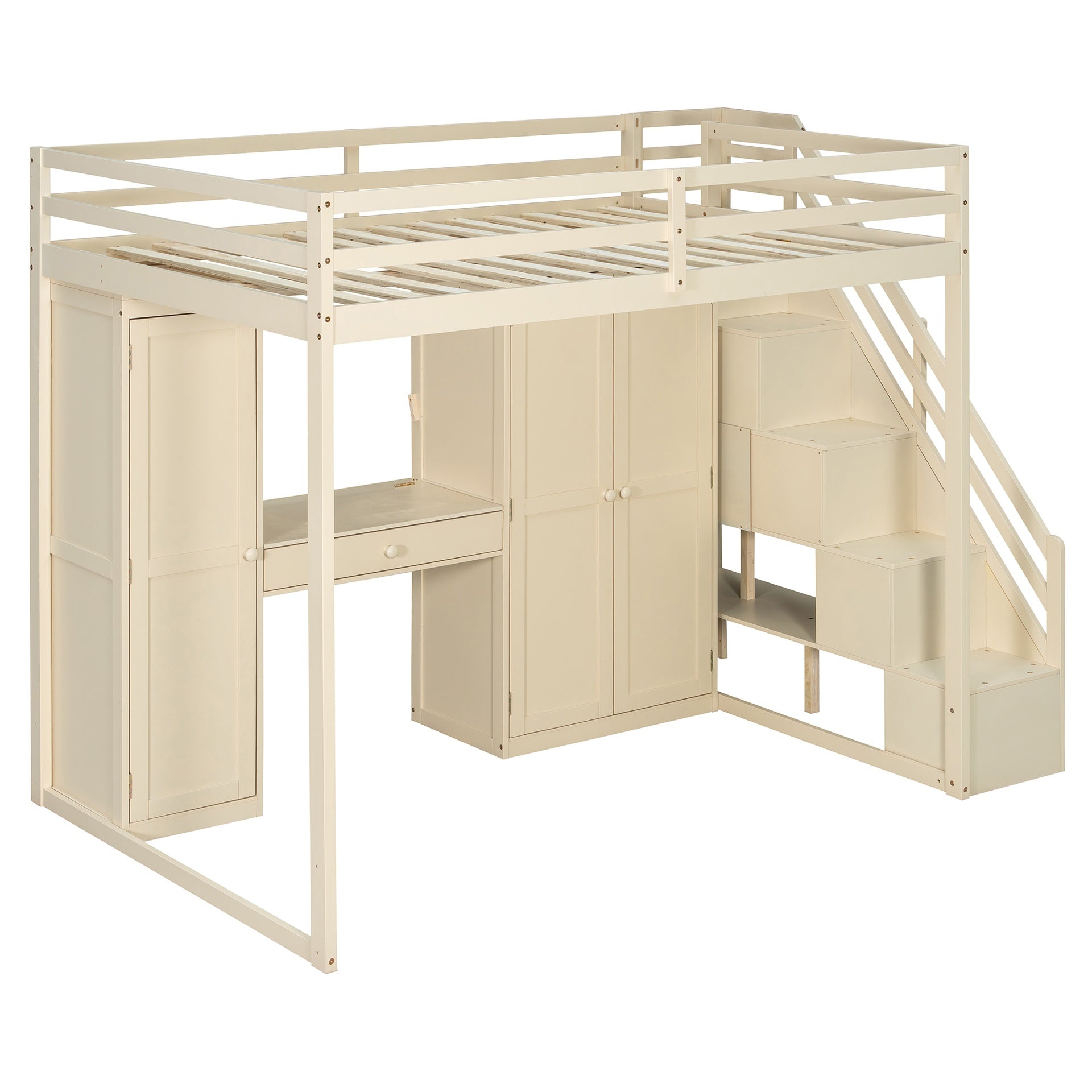 Full Size Loft Bed with Storage Staircase,Built-In Dressing Table with Mirror and Drawer, Wardrobe & Cabinets, USB Charging Ports and Lights, Beige