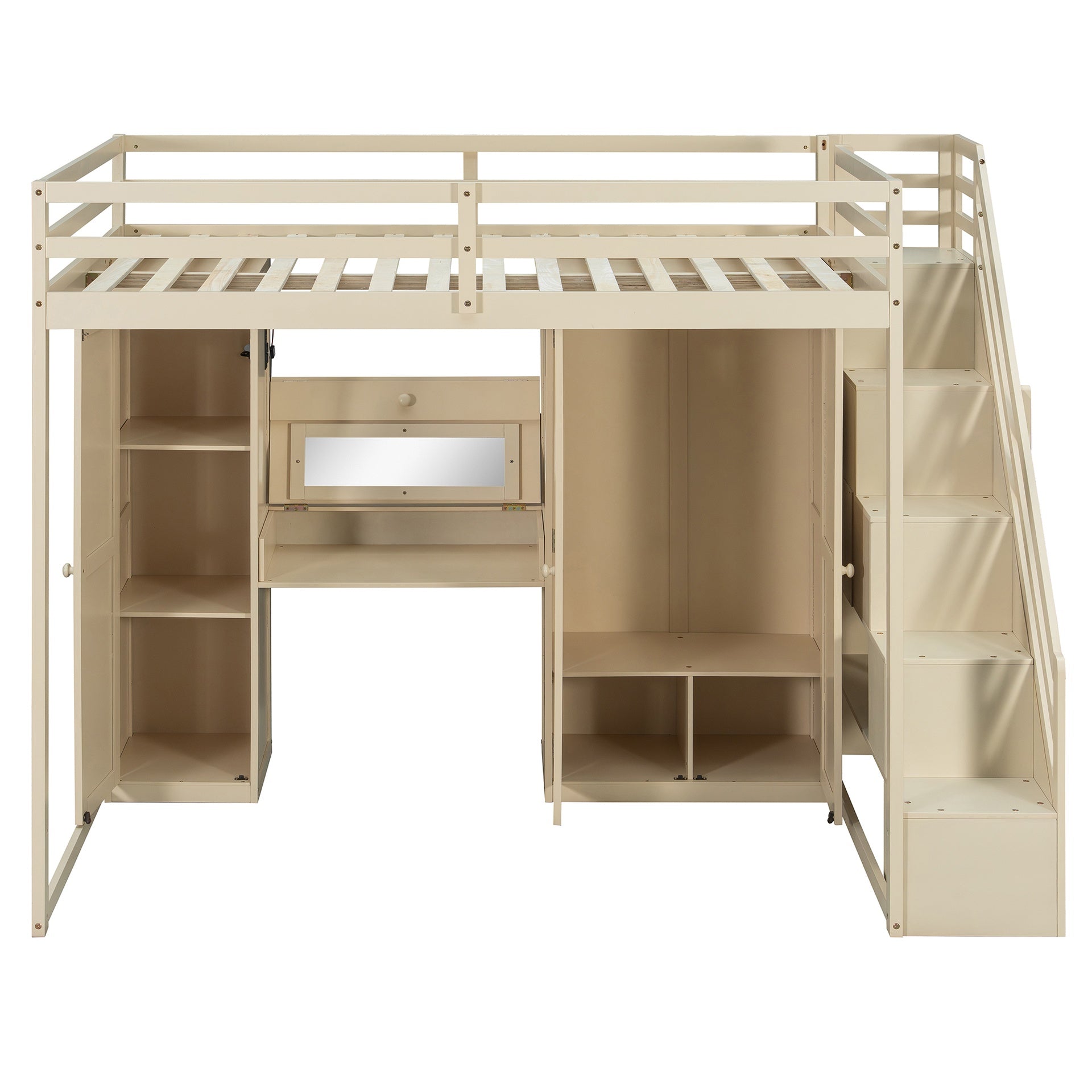 Full Size Loft Bed with Storage Staircase,Built-In Dressing Table with Mirror and Drawer, Wardrobe & Cabinets, USB Charging Ports and Lights, Beige