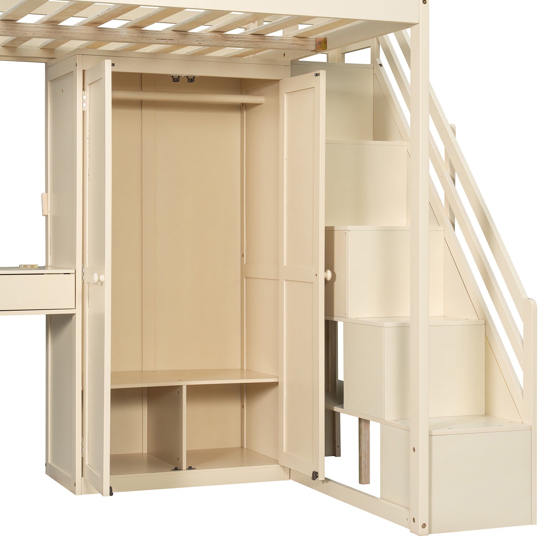 Full Size Loft Bed with Storage Staircase,Built-In Dressing Table with Mirror and Drawer, Wardrobe & Cabinets, USB Charging Ports and Lights, Beige