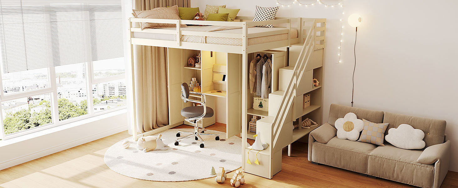 Full Size Loft Bed with Storage Staircase,Built-In Dressing Table with Mirror and Drawer, Wardrobe & Cabinets, USB Charging Ports and Lights, Beige